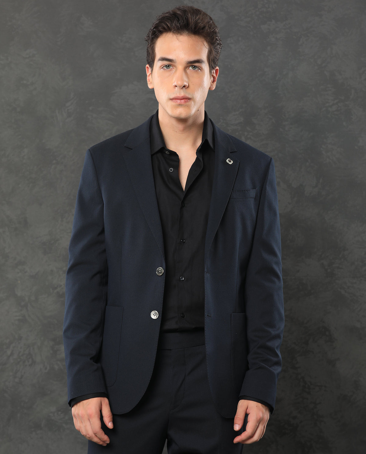 Rare Rabbit Men's Zanza Navy Polyester Viscose Fabric Notch Lapel Butt