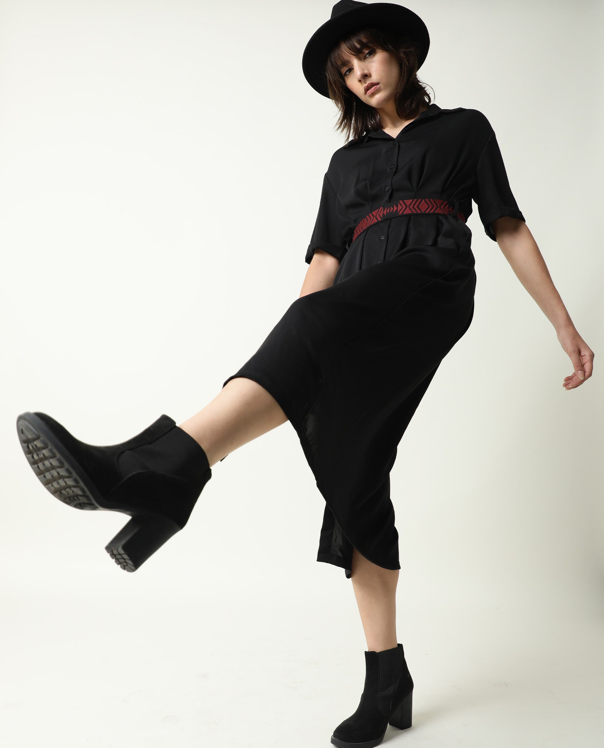 Rareism Women Shroff Black Shirt Collar Short Sleeves Front Full Button Placket With Pockets Midi Dress