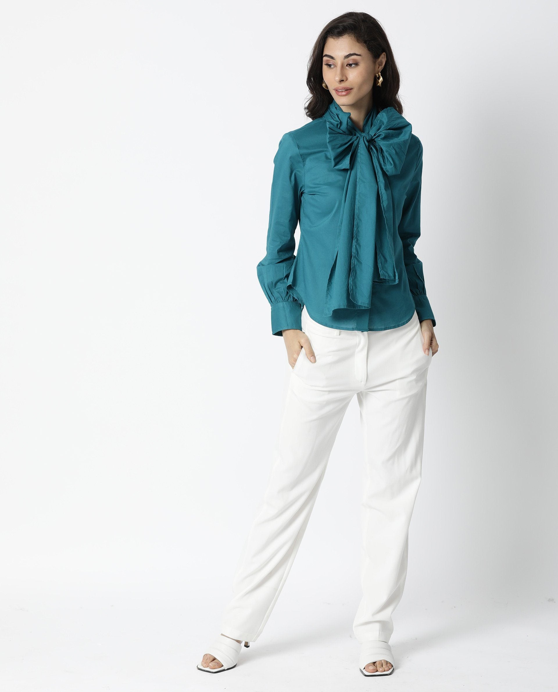 Rareism Womens Flame Petrol Top Cotton Fabric Full Sleeves Tie Up Neckline