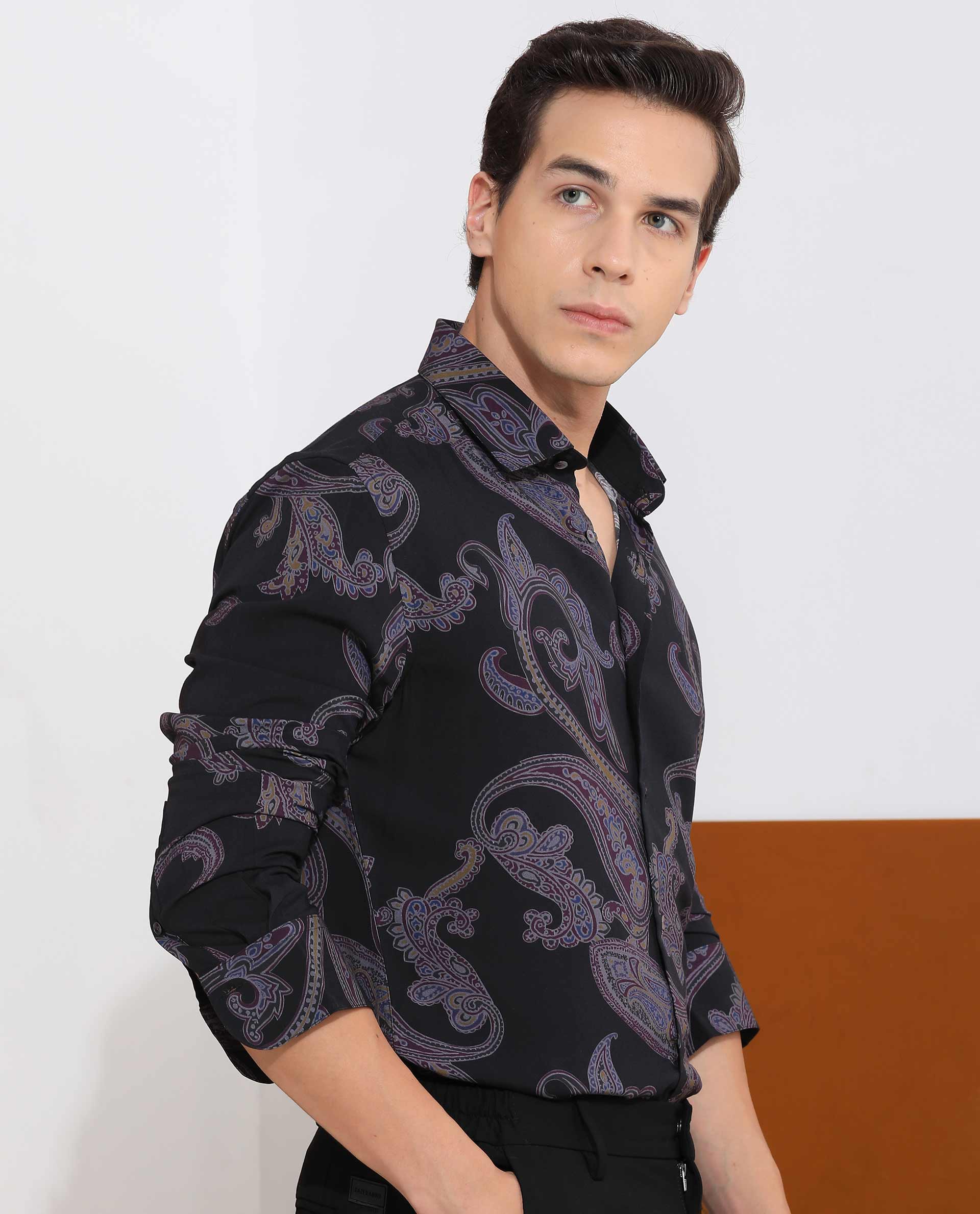 Rare Rabbit Men's Zeus Black Viscose Fabric Full Sleeves Paisley Print Shirt