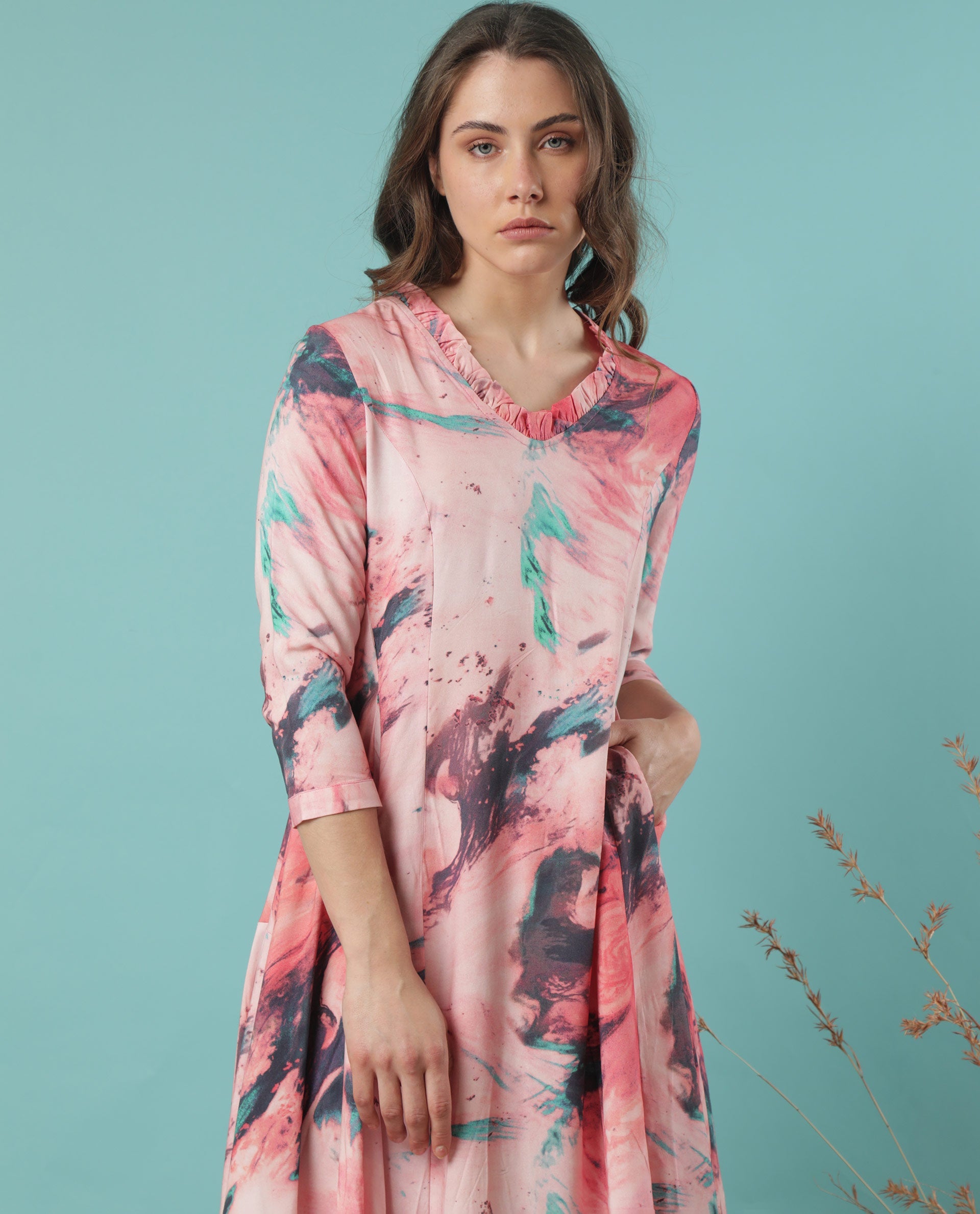 Rareism Women Park Multi Abstract Ruffled V Neck 3/4 Sleeves With Pockets Asymmetrical Midi Dress