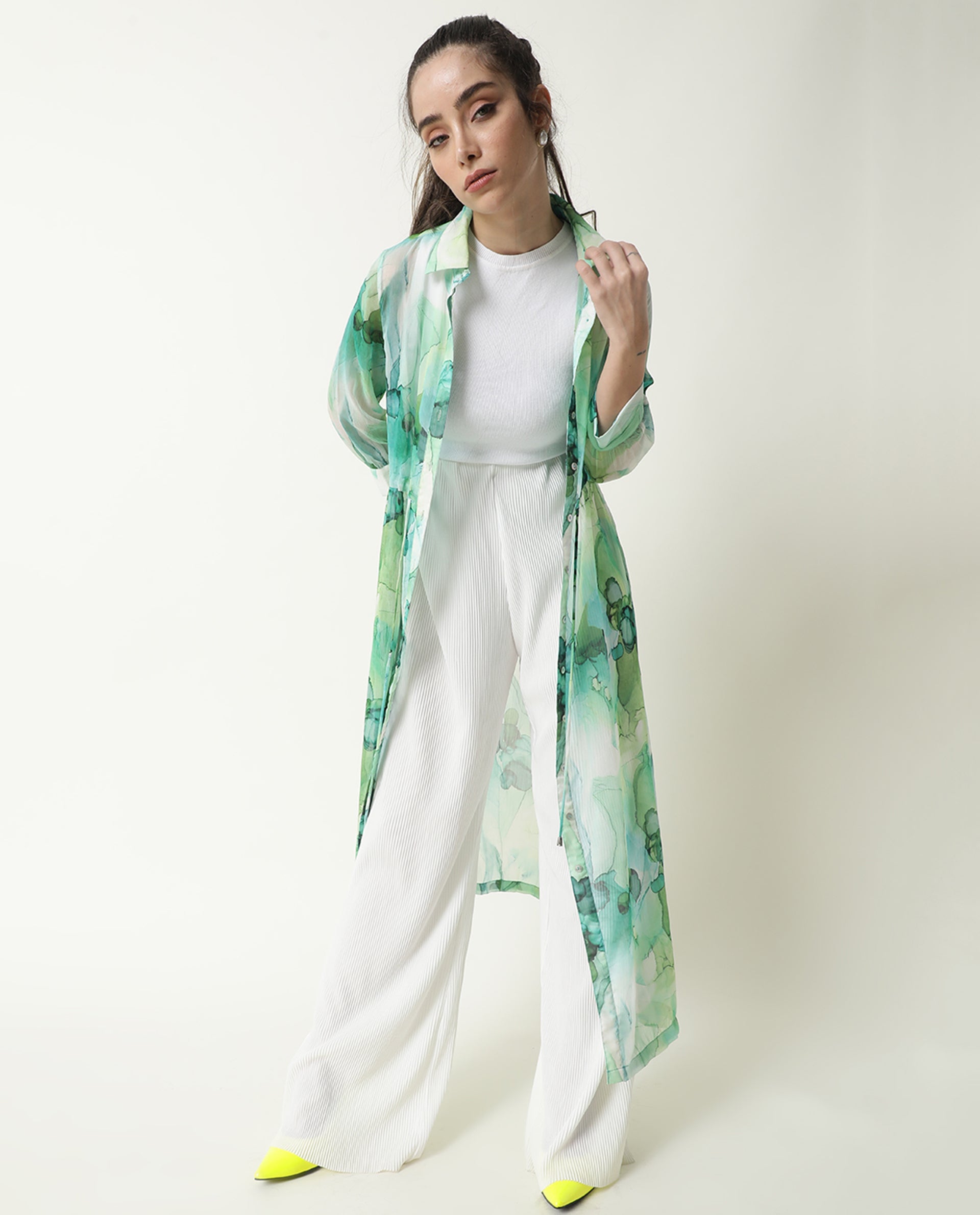 Rareism Women Jamaica Green Printed Shirt Collar Full Sleeves Front Button Placket Waist Drawstring Pockets Maxi Dress