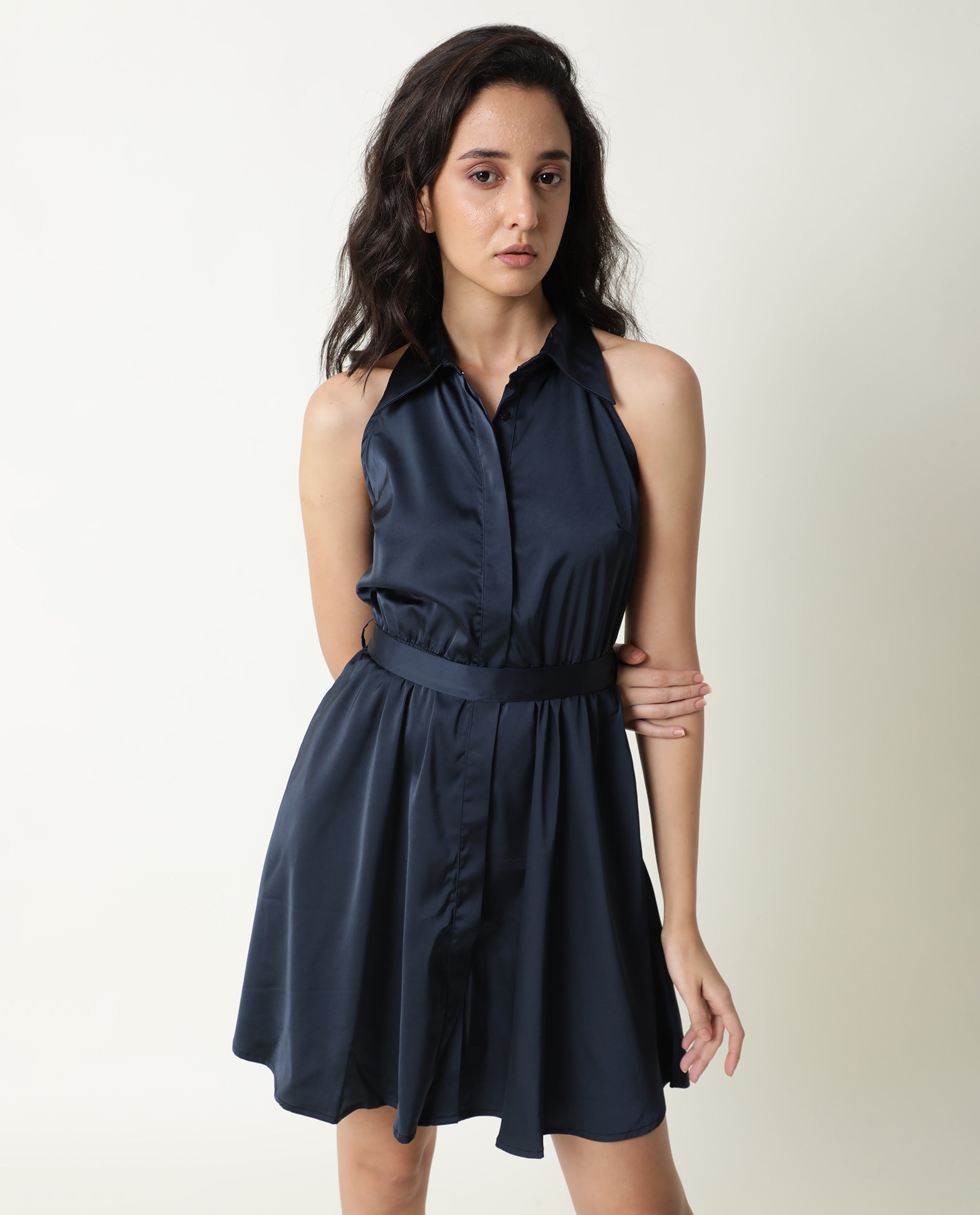 Rareism Women Sulphur Navy Shirt Collar Halter Neck Full Front Button Closure Placket With Fabric Waist Belt Mini Dress