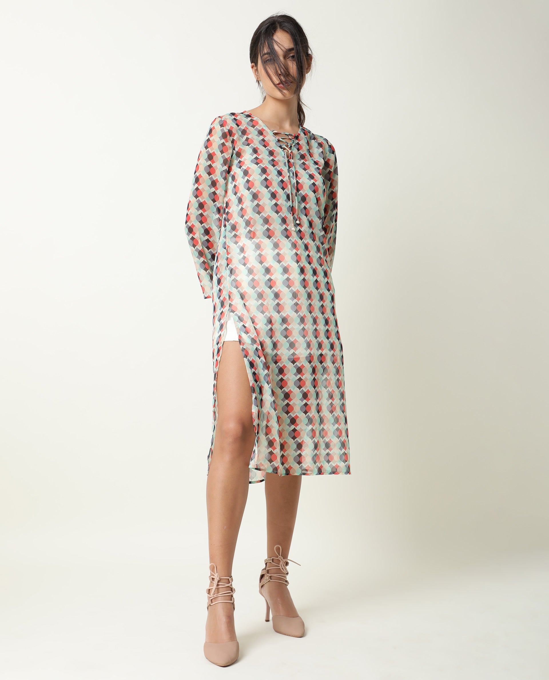 Rareism Women Mirun Multi Abstract Print Shoe Lace Tie Up 3/4 Sleeves Side Slit Sheer Kaftan Midi Dress