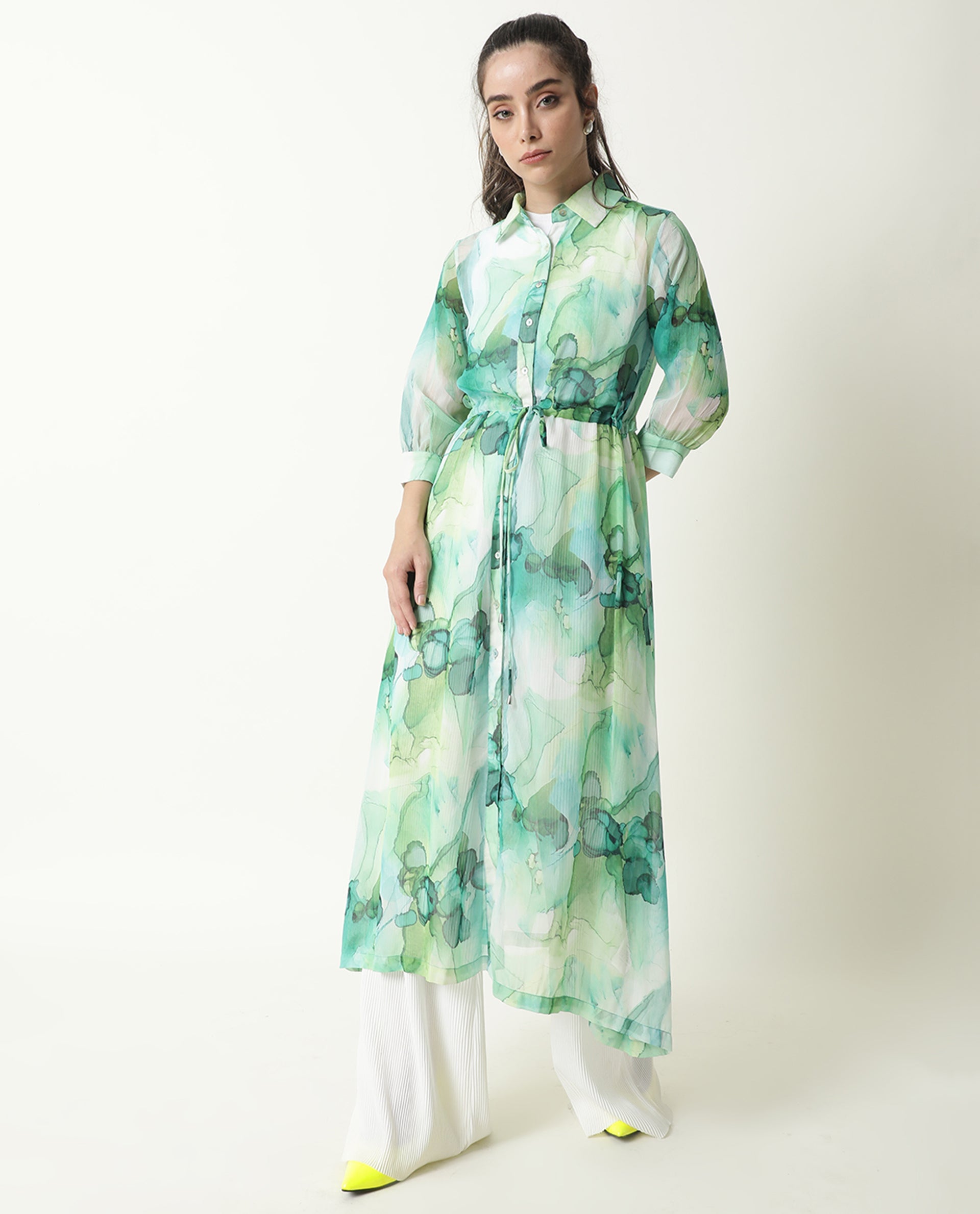 Rareism Women Jamaica Green Printed Shirt Collar Full Sleeves Front Button Placket Waist Drawstring Pockets Maxi Dress