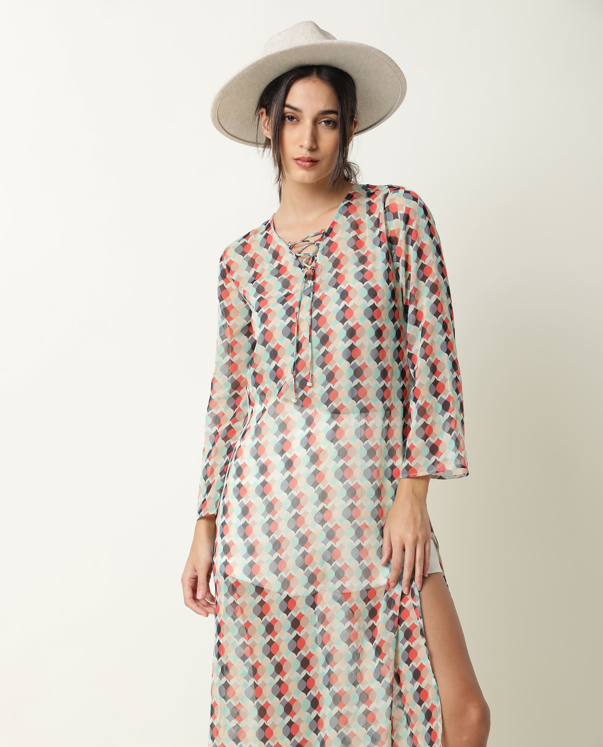 Rareism Women Mirun Multi Abstract Print Shoe Lace Tie Up 3/4 Sleeves Side Slit Sheer Kaftan Midi Dress