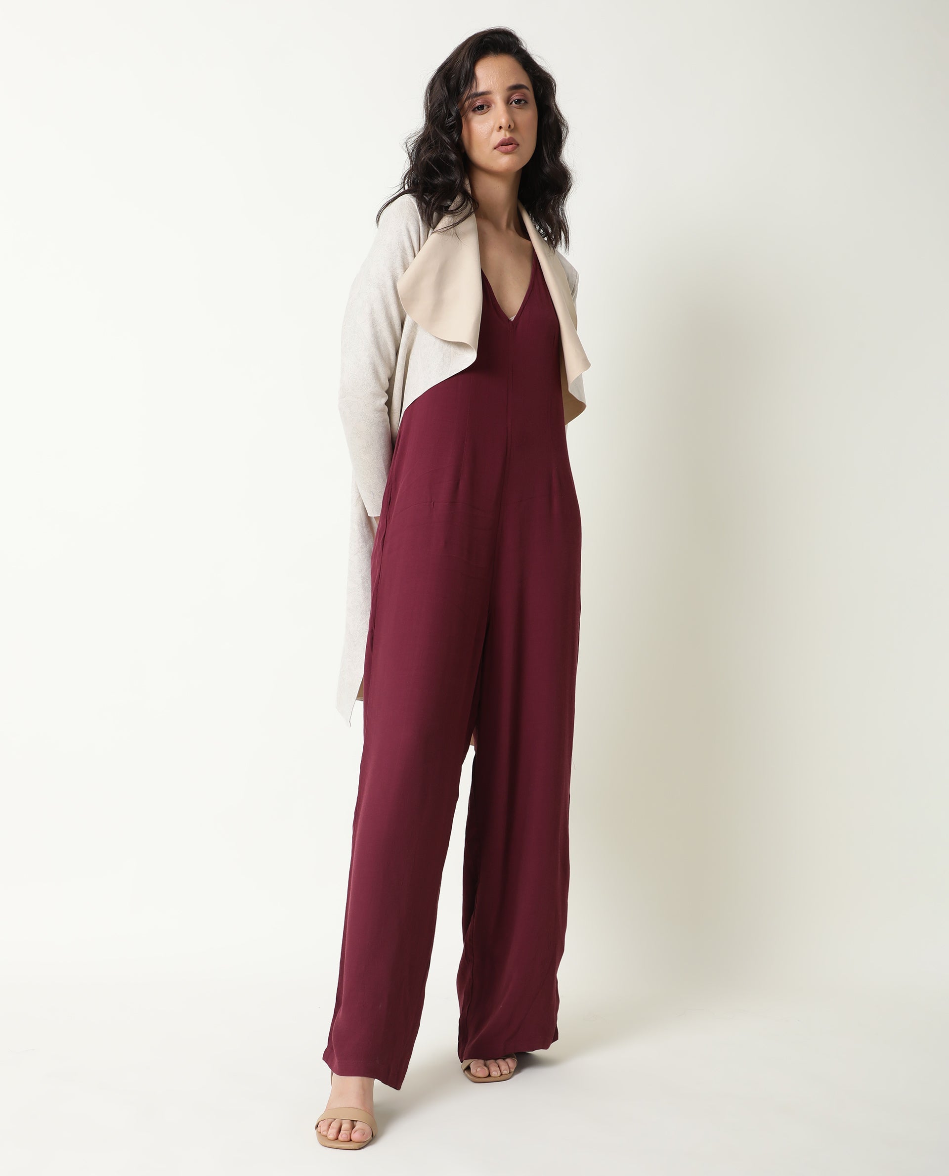 Rareism Women Pivot Maroon Viscose Fabric Tailored Fit Knee Length Solid Jumpsuit