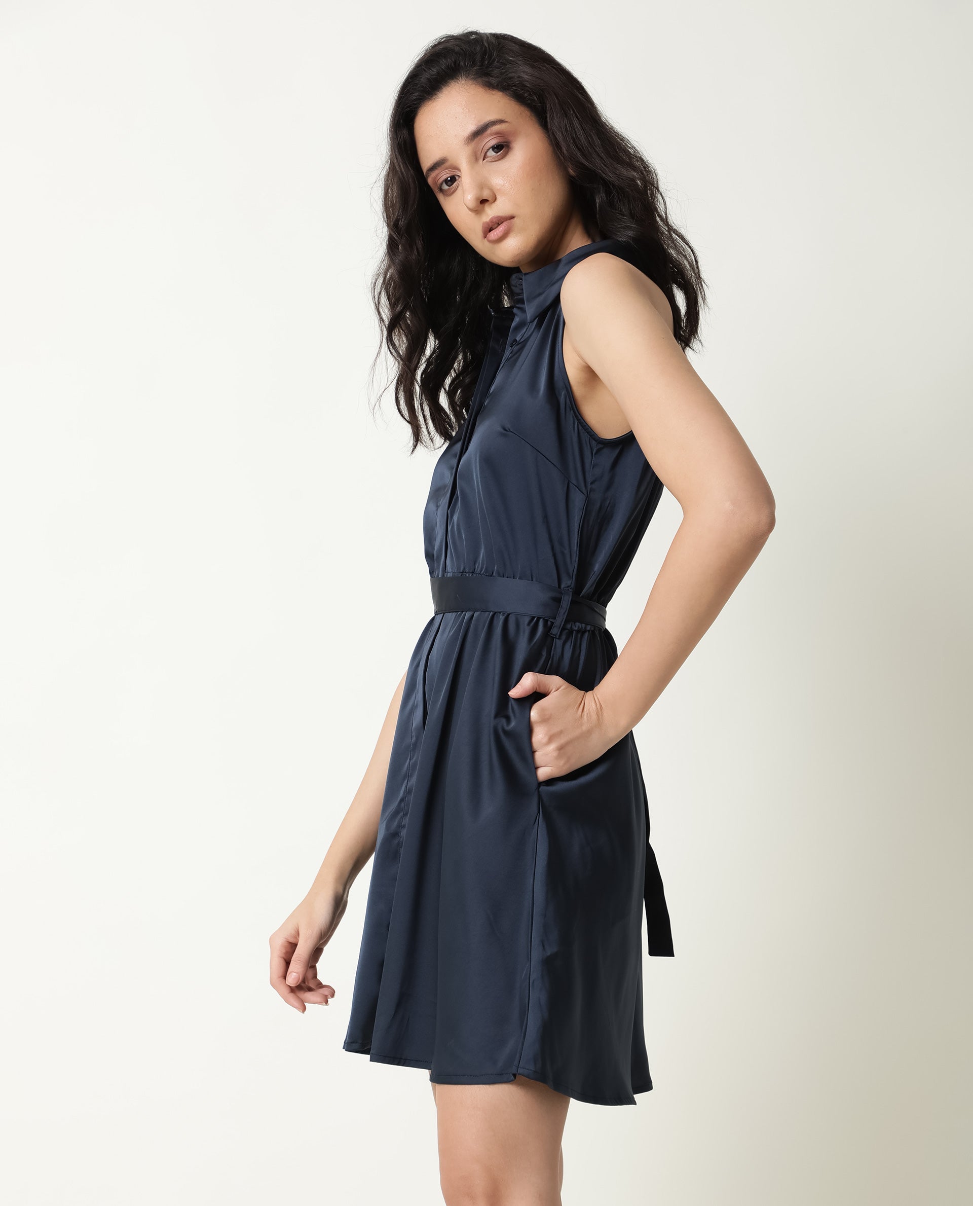 Rareism Women Sulphur Navy Shirt Collar Halter Neck Full Front Button Closure Placket With Fabric Waist Belt Mini Dress