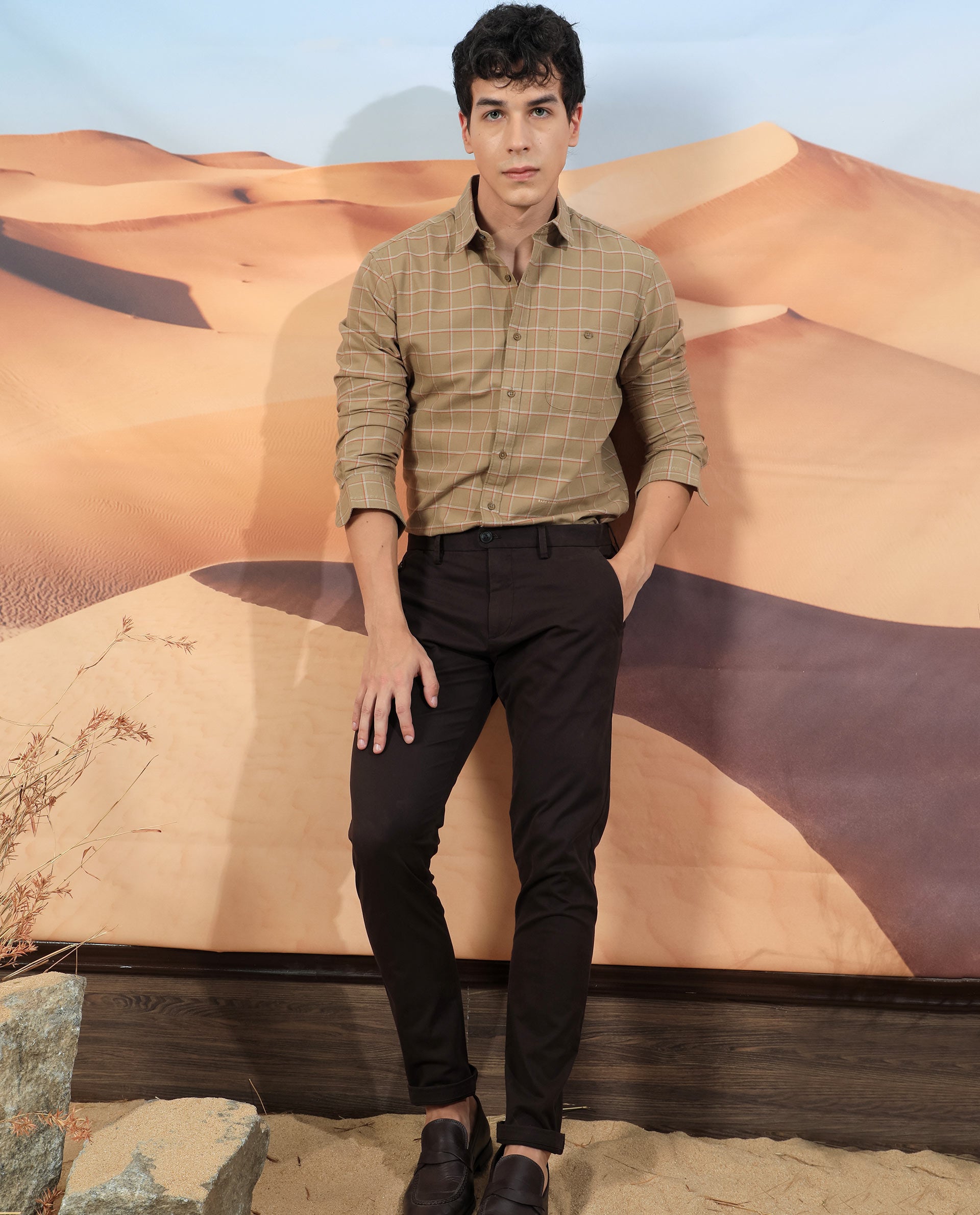 Rare Rabbit Men'S Lanny Beige Shirt Cotton Fabric Slim Fit Regular Collar Full Sleeve Duplin Check