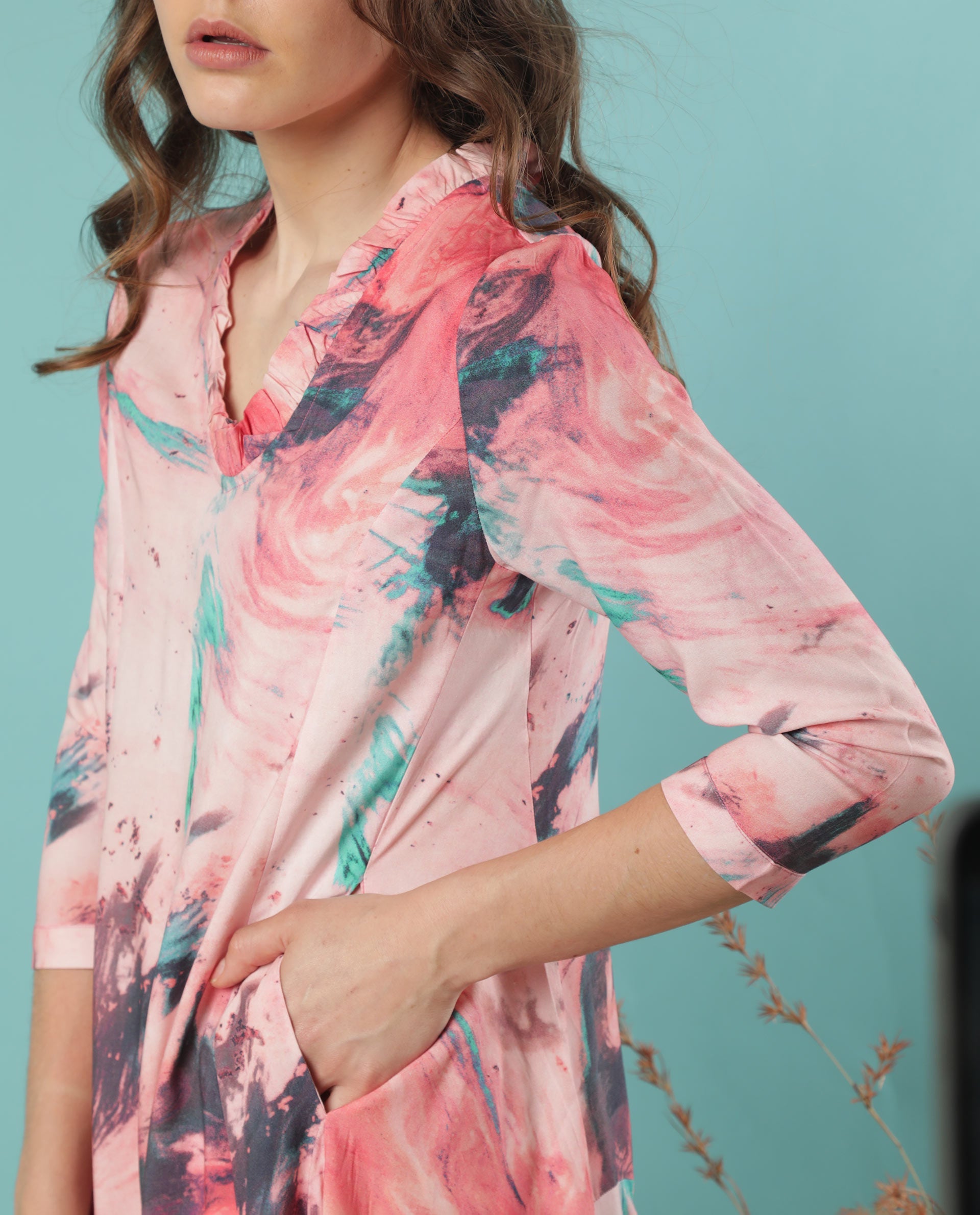 Rareism Women Park Multi Abstract Ruffled V Neck 3/4 Sleeves With Pockets Asymmetrical Midi Dress