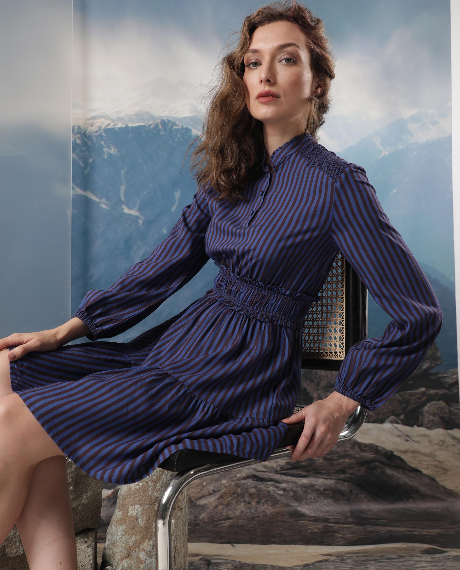 Rareism Women's Loretta Blue Viscose Fabric Mandarin Collar Button Closure Full Sleeve Striped  Mini Dress