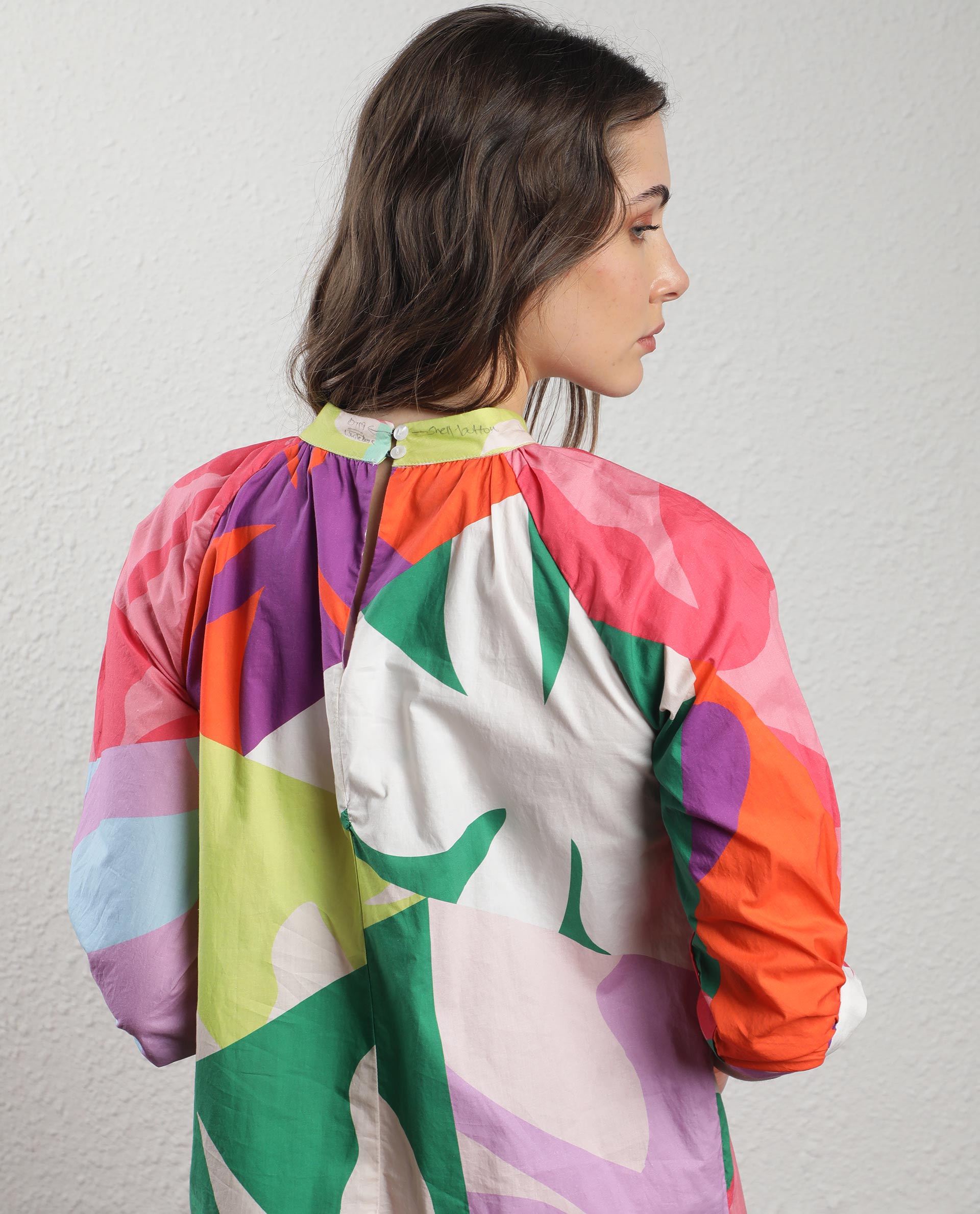 Rareism Women Scintill Multi Cotton Fabric 3/4Th Sleeves Zip Closure High Neck Balloon Sleeve Relaxed Fit Floral Print Knee Length Boxy Dress