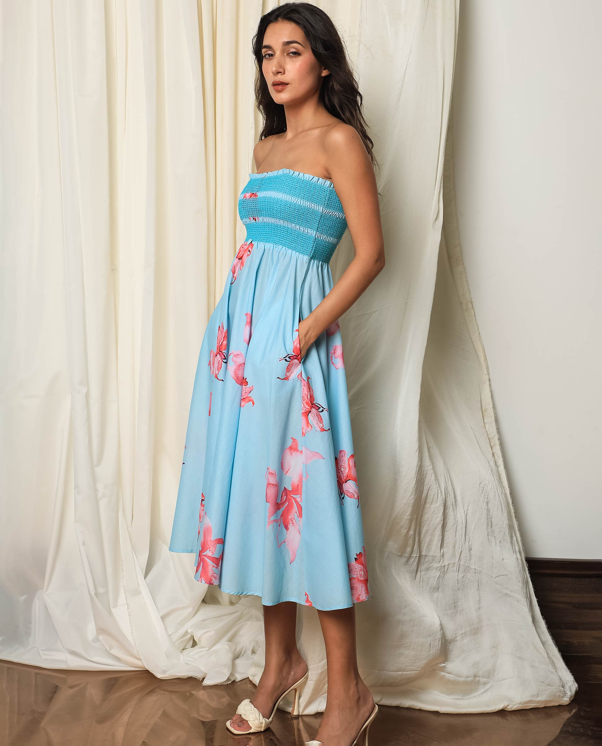 Rareism Women Quinzo Blue Floral Print Off Shoulder With Smoked Bustline Midi Dress