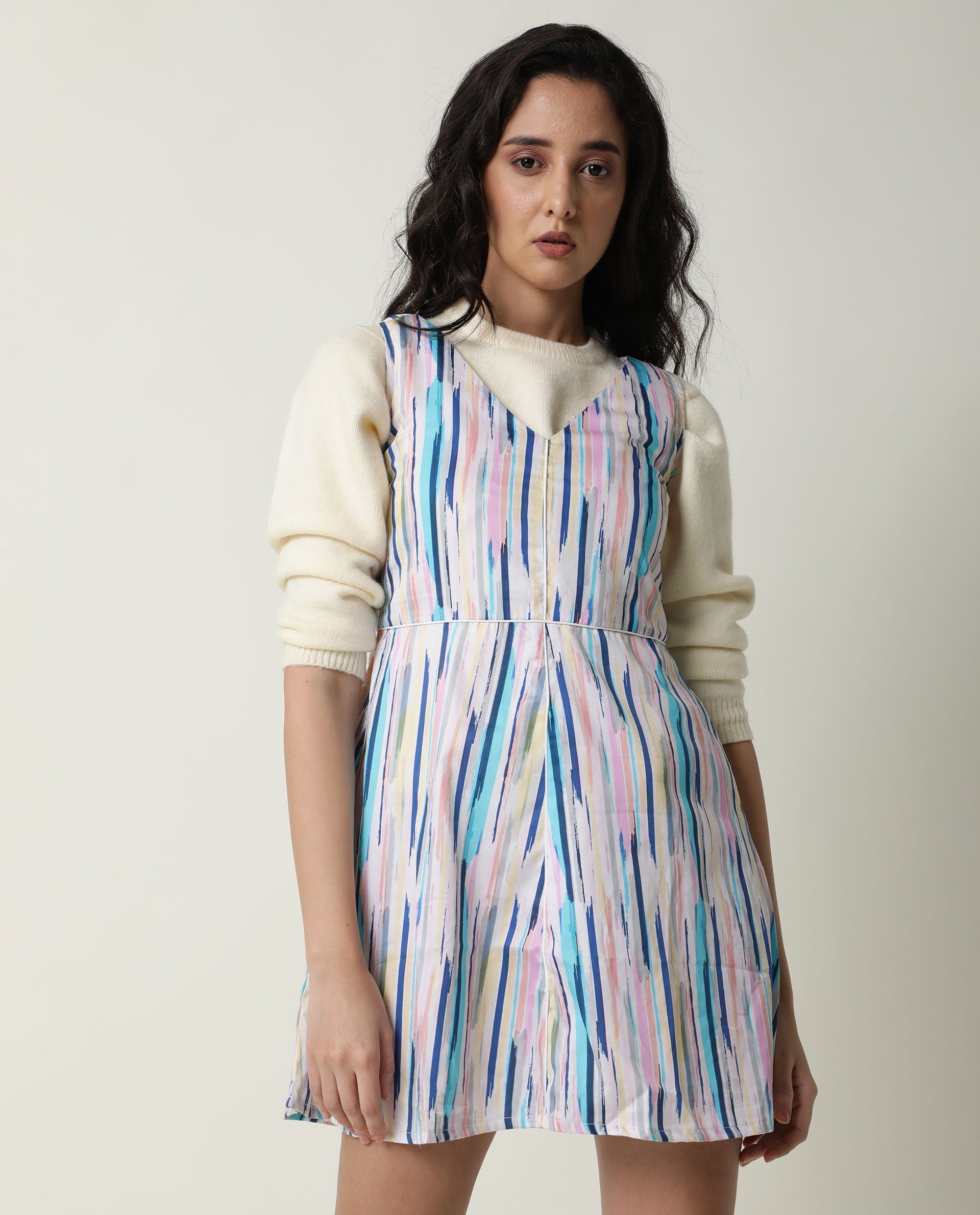 Rareism Women Nano Multi Striped V Neck Sleeveless With Pockets Mini Dress