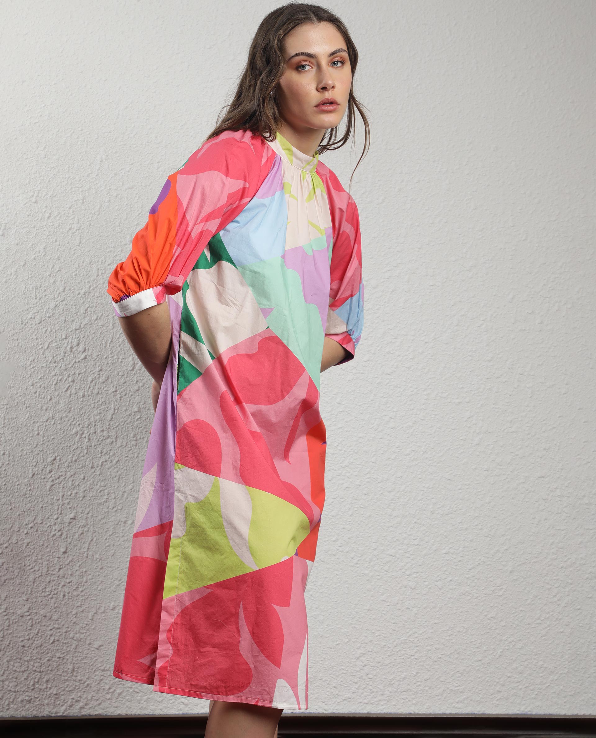 Rareism Women Scintill Multi Cotton Fabric 3/4Th Sleeves Zip Closure High Neck Balloon Sleeve Relaxed Fit Floral Print Knee Length Boxy Dress