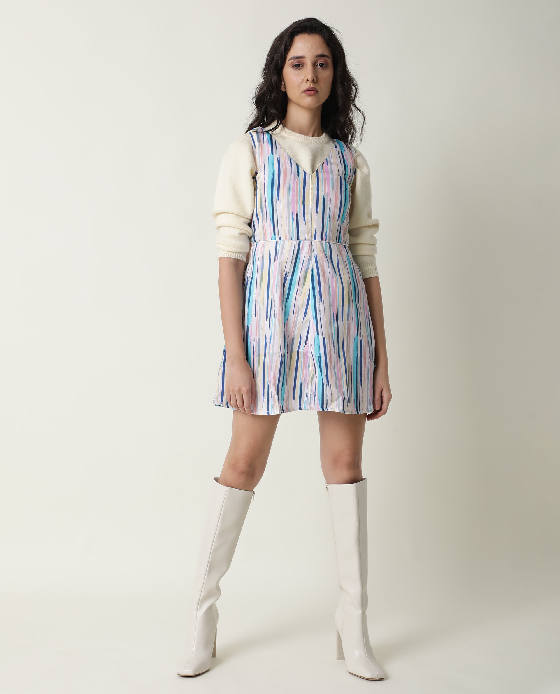 Rareism Women Nano Multi Striped V Neck Sleeveless With Pockets Mini Dress