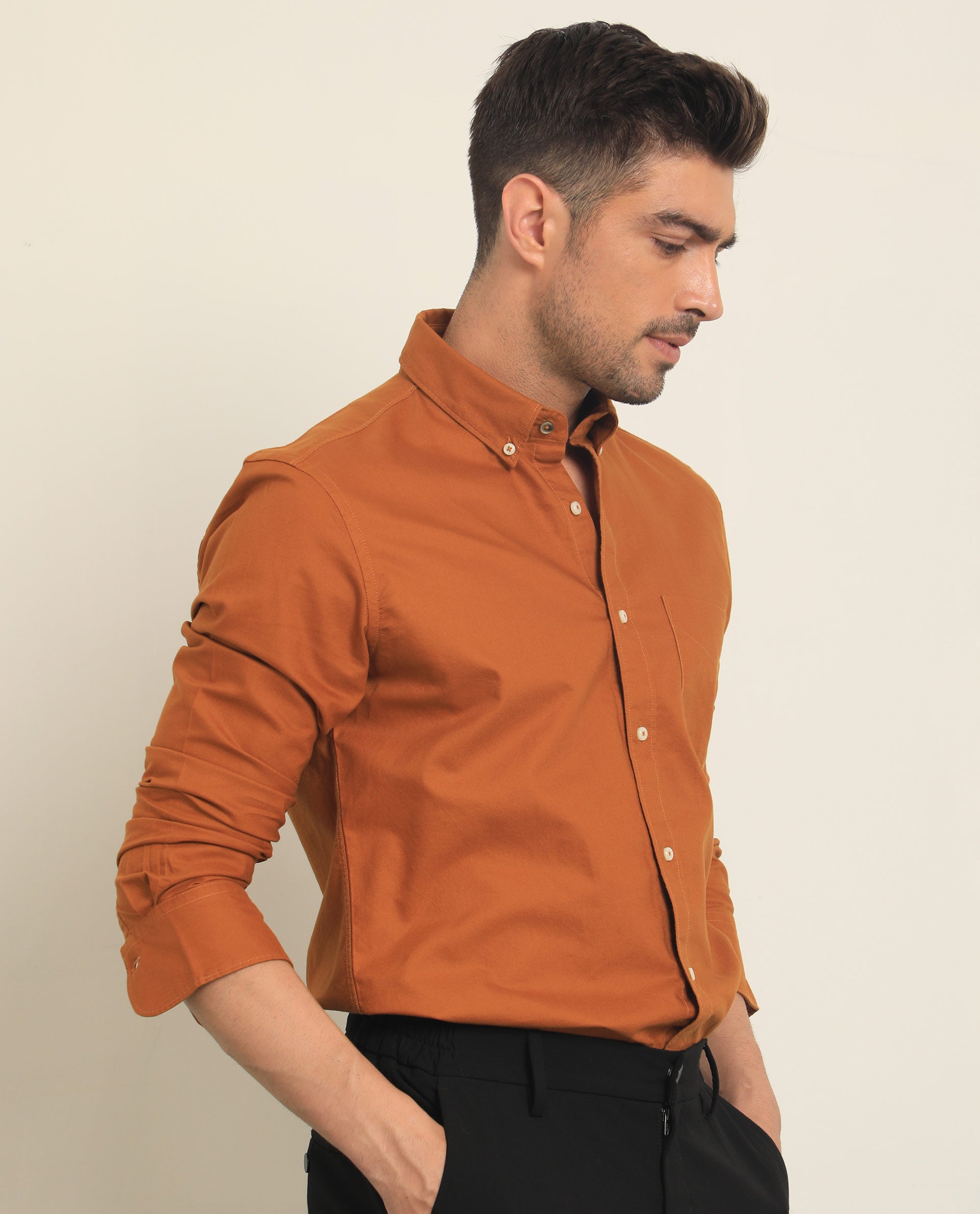 Rare Rabbit Men's Auxfo Rust Cotton Fabric Full Sleeves Solid Shirt