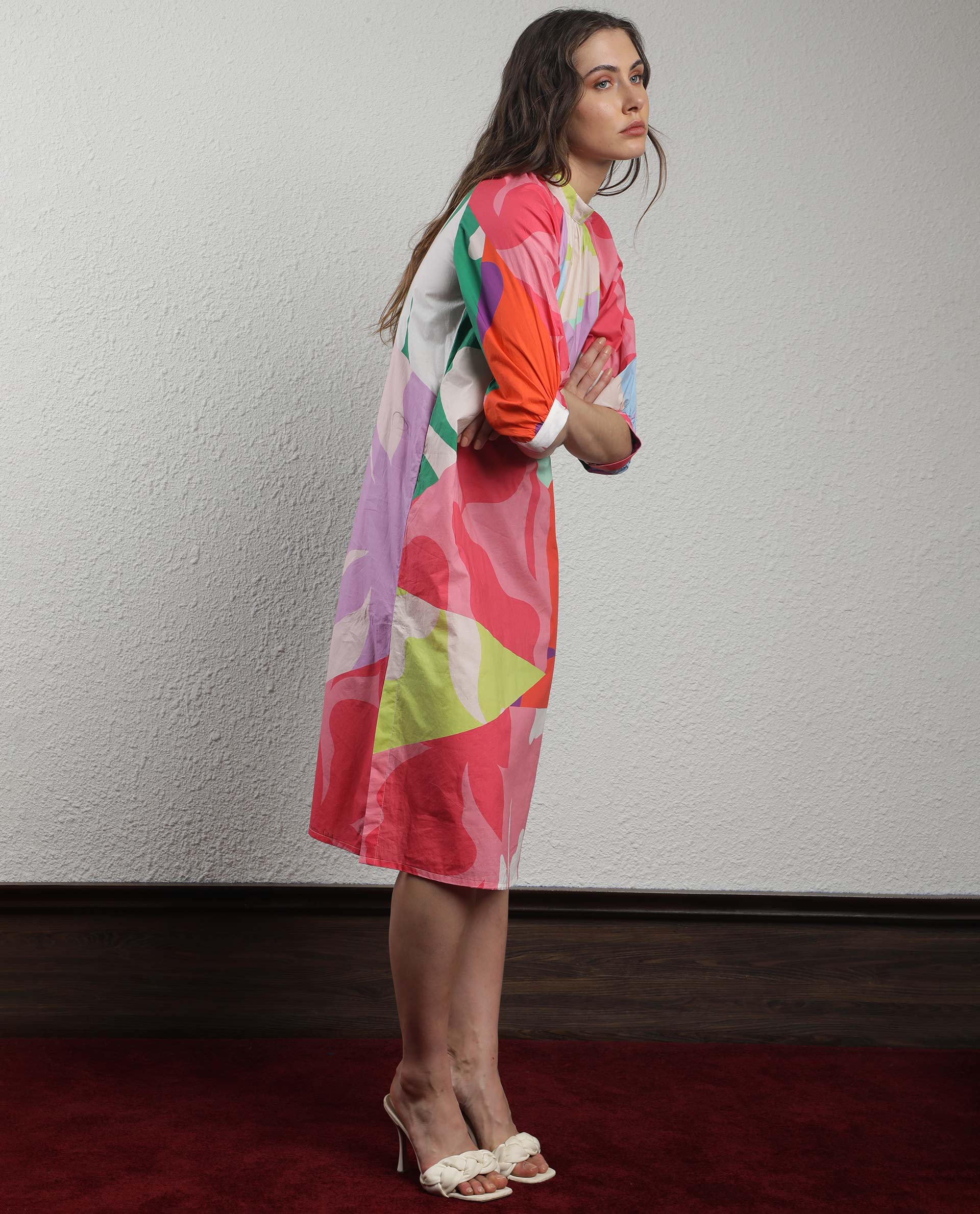 Rareism Women Scintill Multi Cotton Fabric 3/4Th Sleeves Zip Closure High Neck Balloon Sleeve Relaxed Fit Floral Print Knee Length Boxy Dress