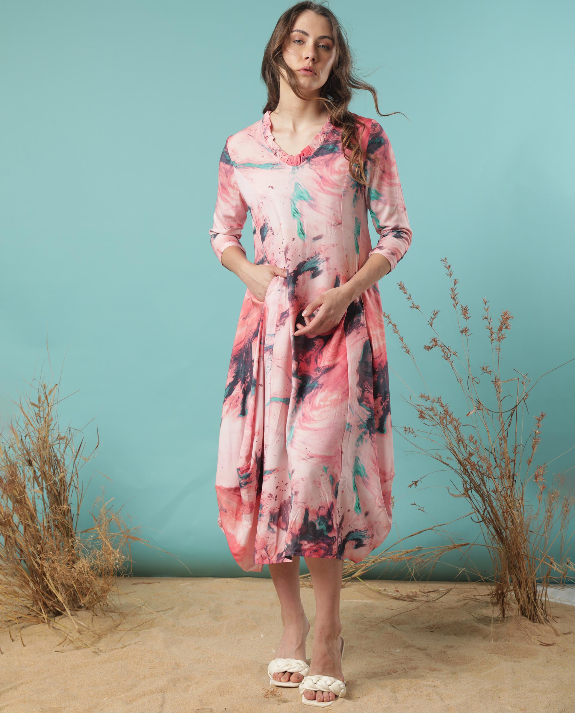 Rareism Women Park Multi Abstract Ruffled V Neck 3/4 Sleeves With Pockets Asymmetrical Midi Dress