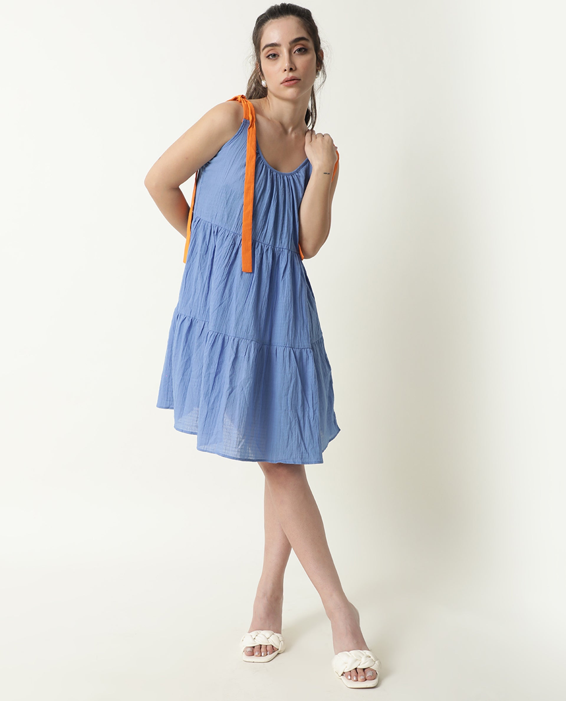 Rareism Womens Melt Blue Dress Cotton Fabric Regular Fit Sleeveless Scoop Neck