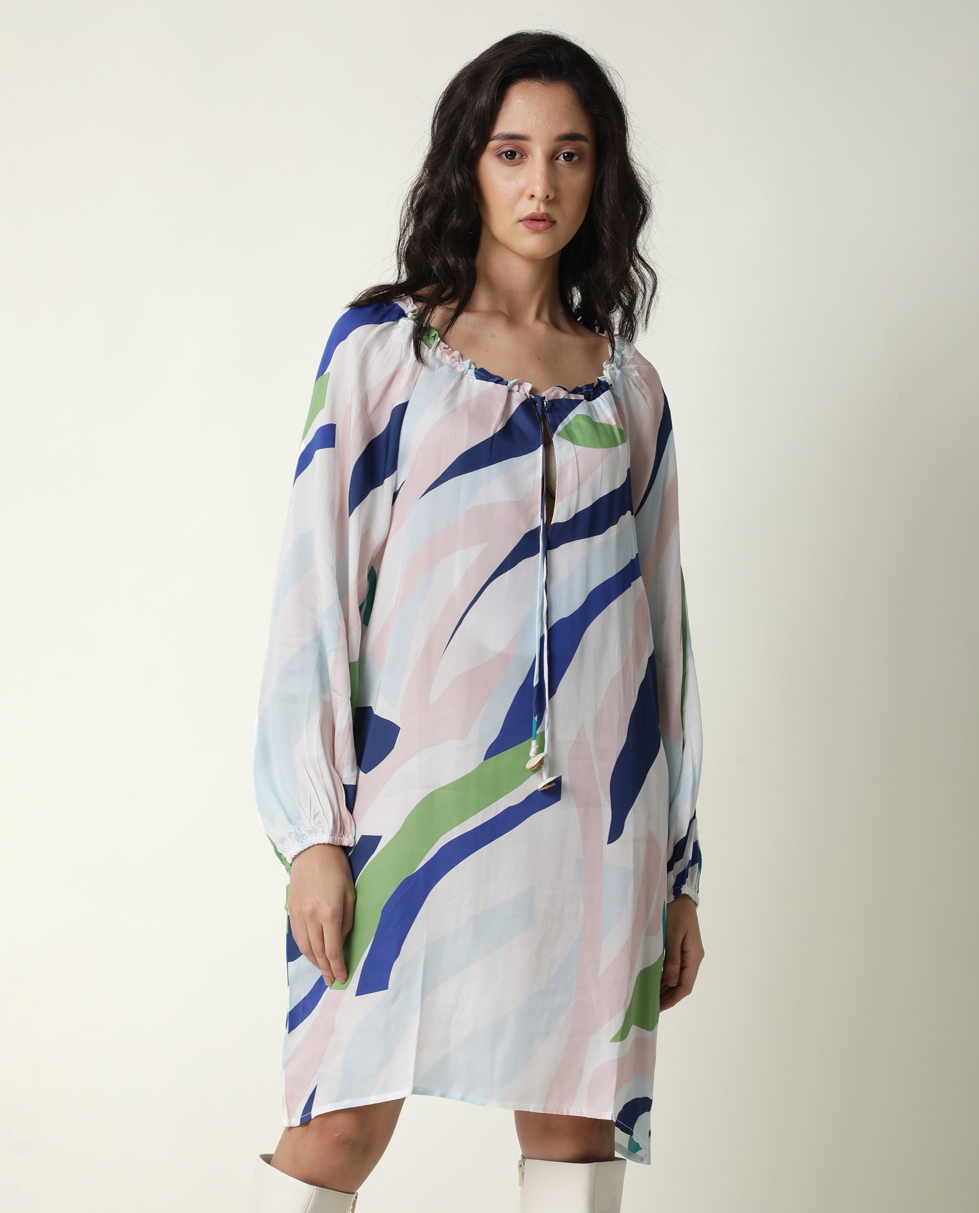 Rareism Women Alloy White Abstract Round Neck Tie Up Full Sleeves Mini Dress