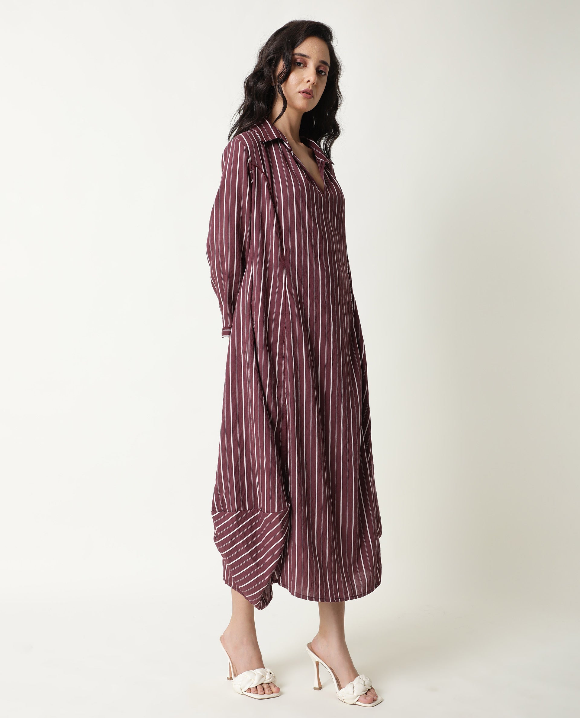 Rareism Women Wakanda Maroon Striped Shirt Collar 3/4 Sleeves With Pockets Midi Dress