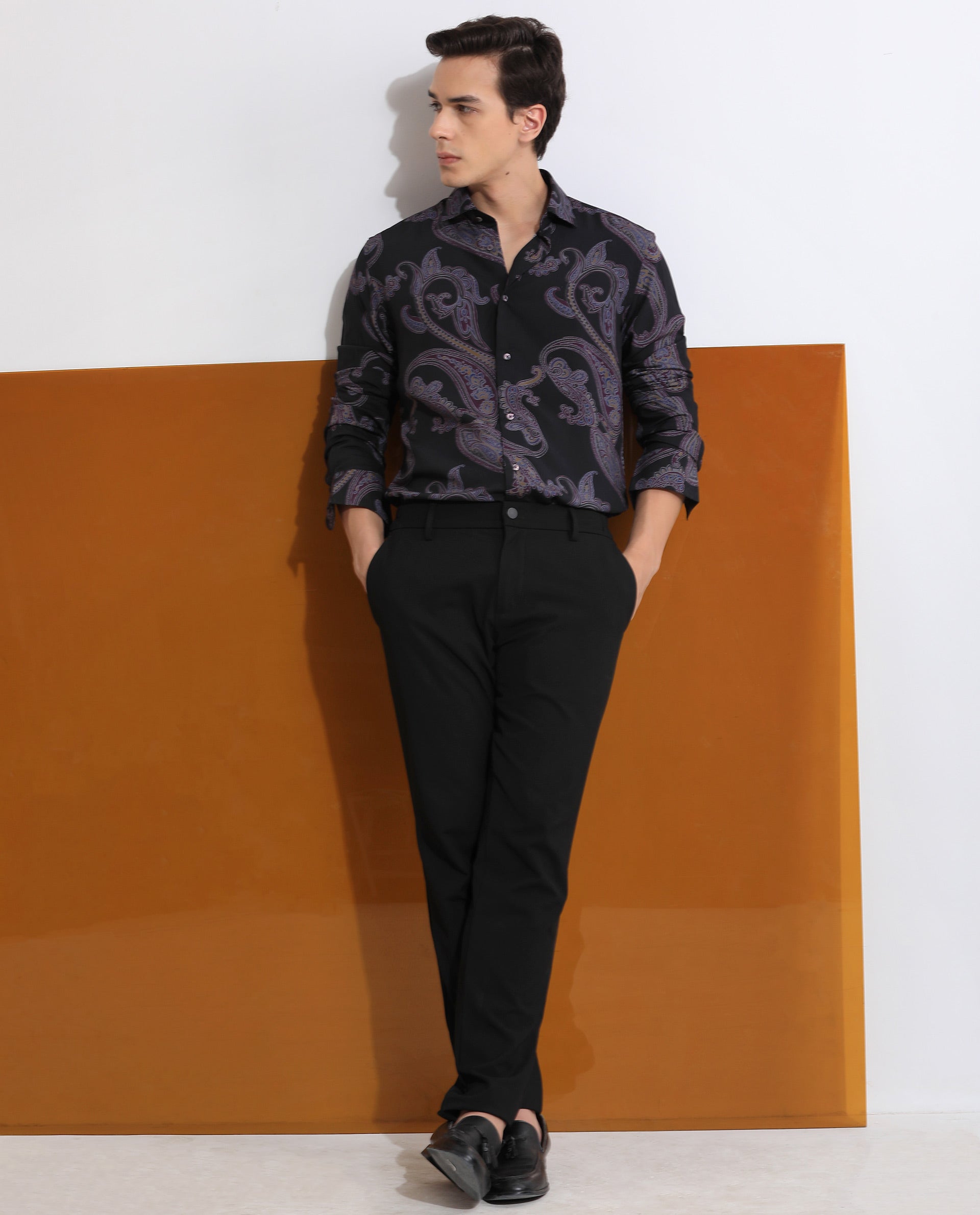 Rare Rabbit Men's Zeus Black Viscose Fabric Full Sleeves Paisley Print Shirt