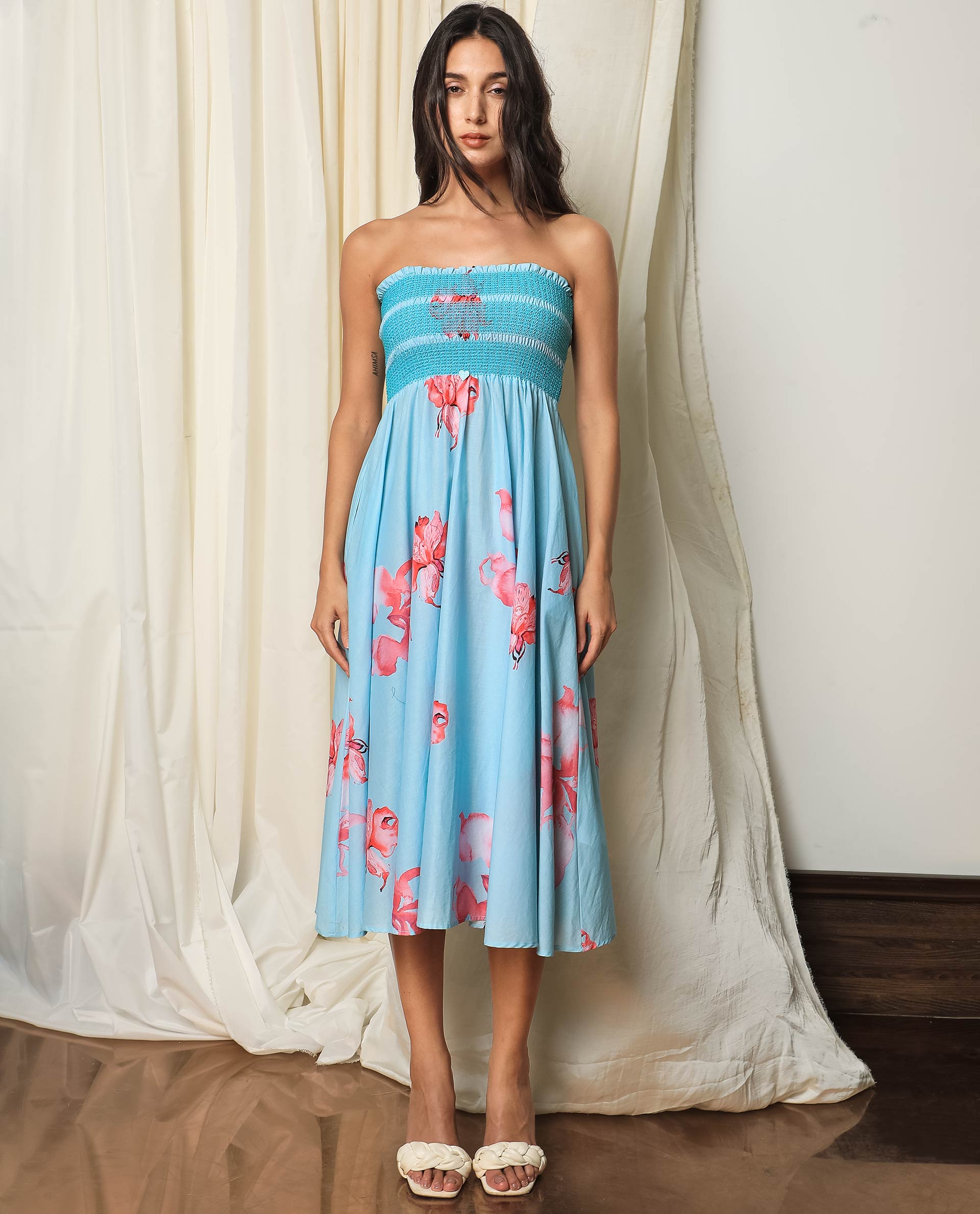 Rareism Women Quinzo Blue Floral Print Off Shoulder With Smoked Bustline Midi Dress