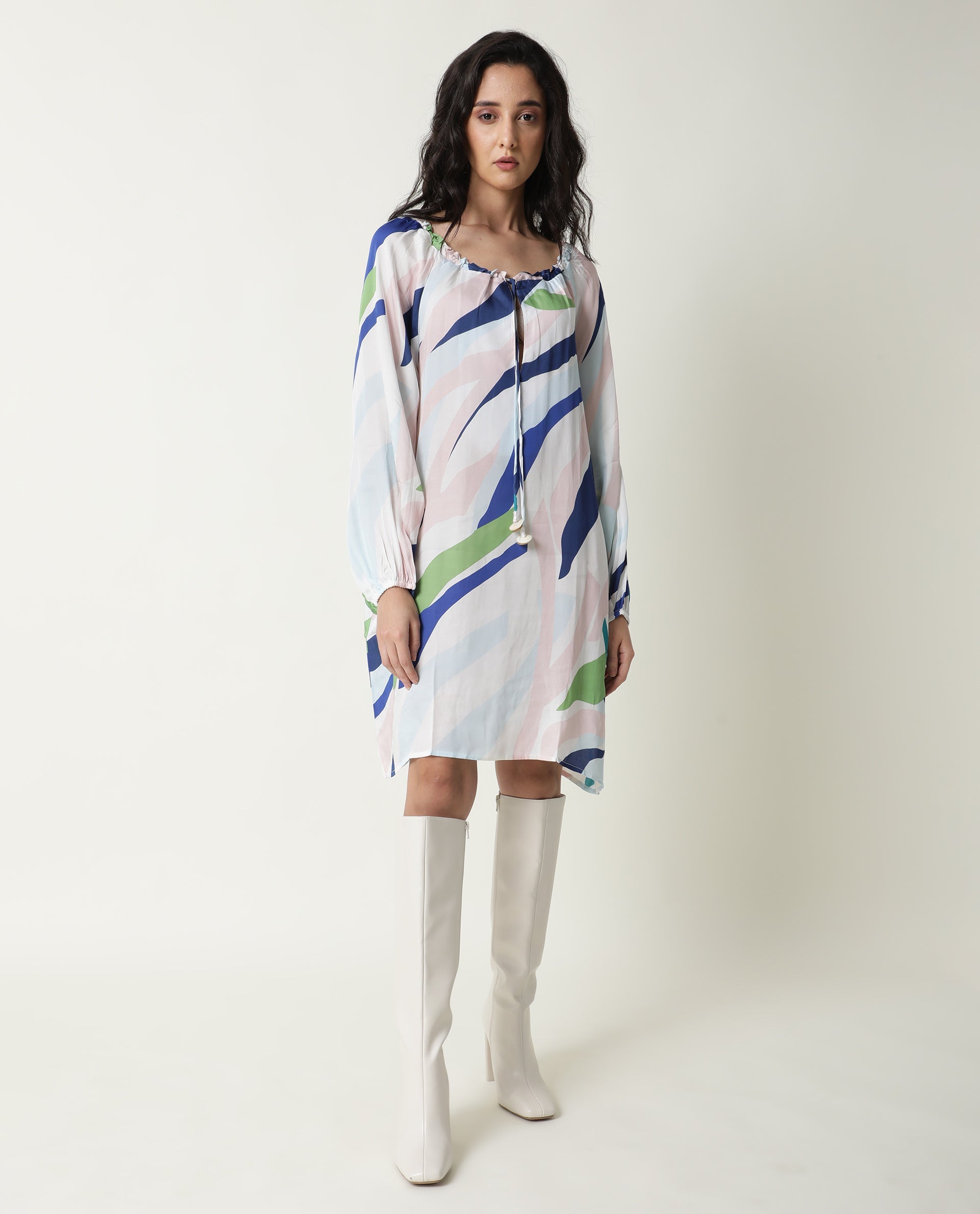Rareism Women Alloy White Abstract Round Neck Tie Up Full Sleeves Mini Dress