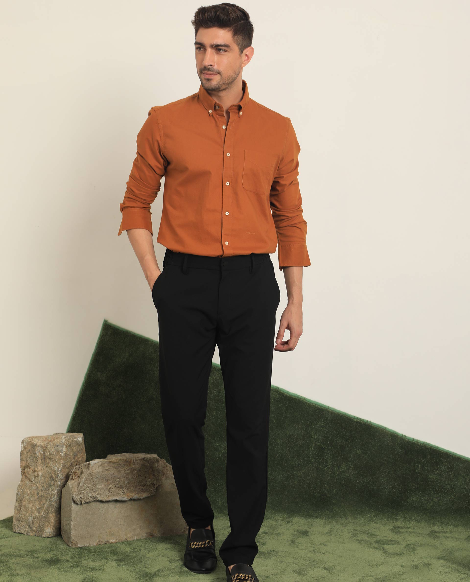 Rare Rabbit Men's Auxfo Rust Cotton Fabric Full Sleeves Solid Shirt