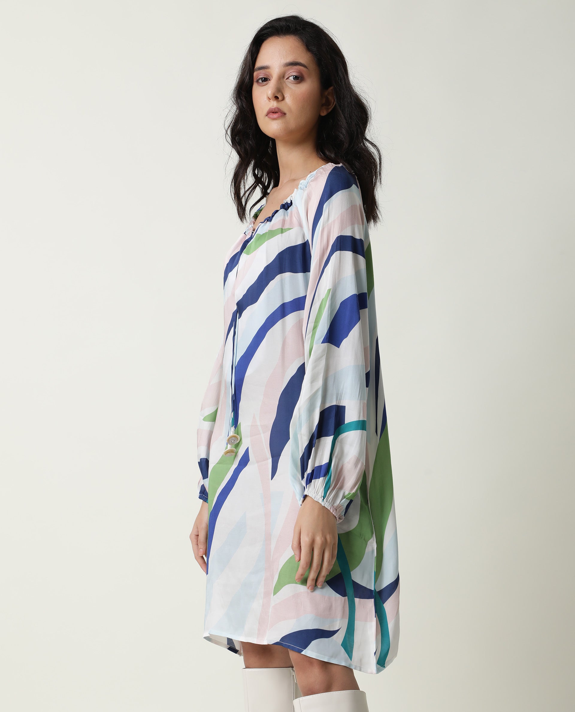 Rareism Women Alloy White Abstract Round Neck Tie Up Full Sleeves Mini Dress