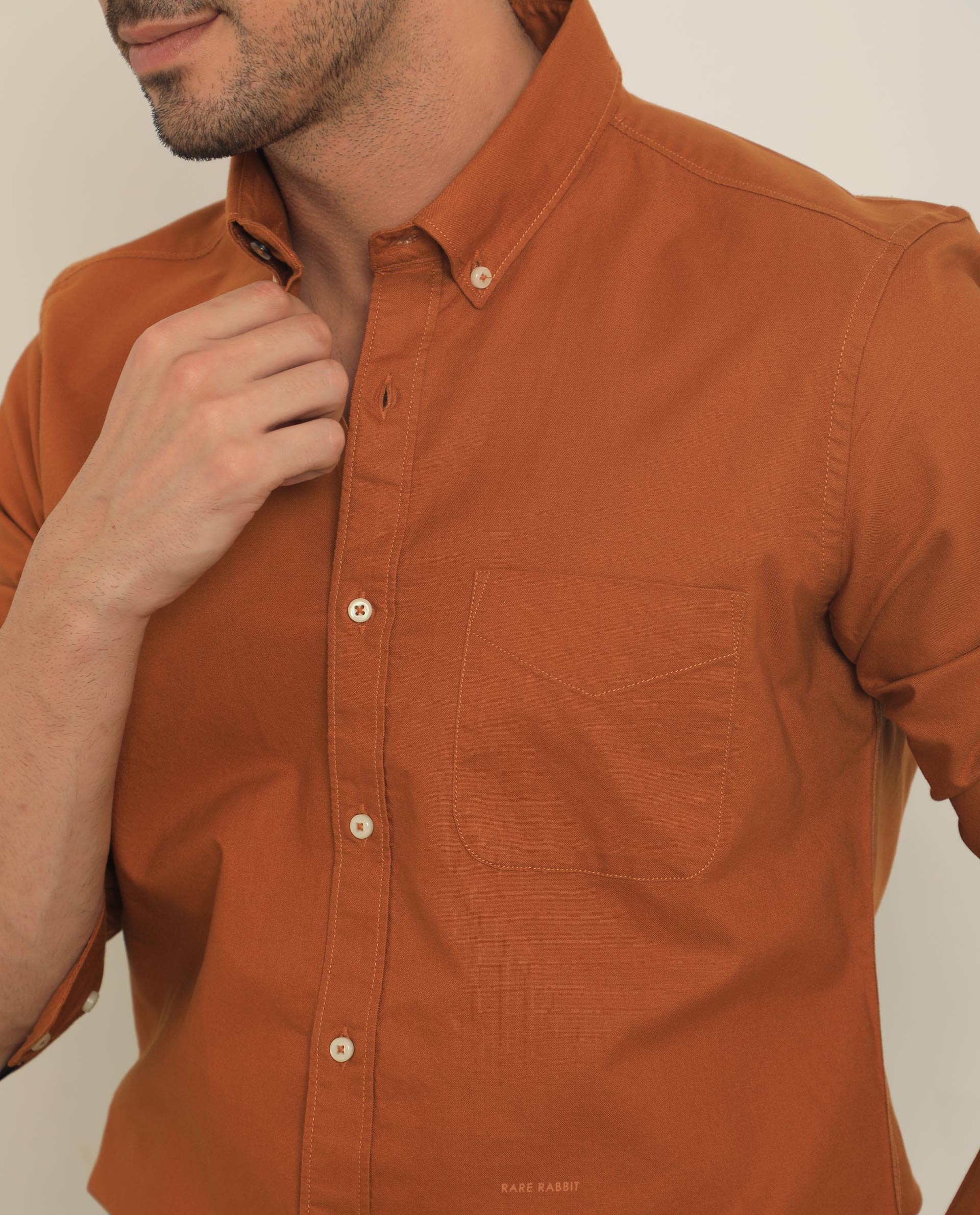 Rare Rabbit Men's Auxfo Rust Cotton Fabric Full Sleeves Solid Shirt