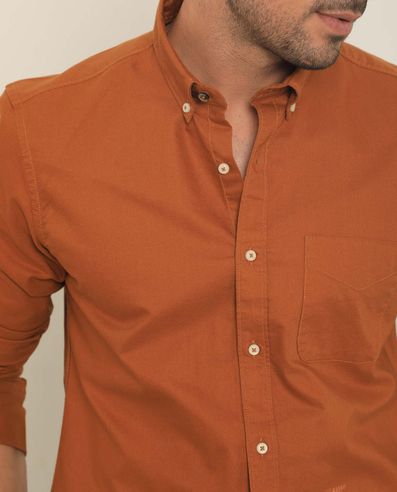 Rare Rabbit Men's Auxfo Rust Cotton Fabric Full Sleeves Solid Shirt