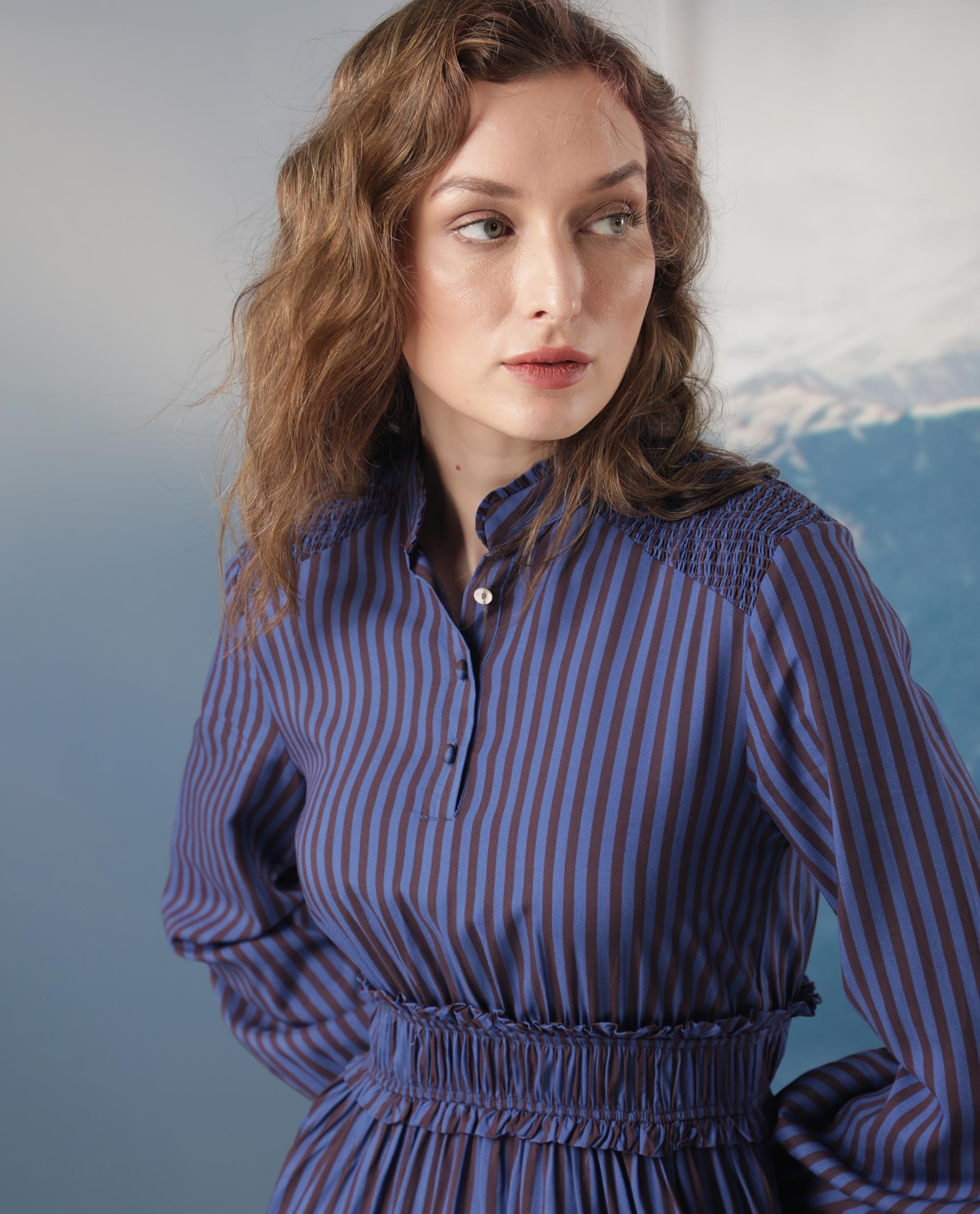 Rareism Women's Loretta Blue Viscose Fabric Mandarin Collar Button Closure Full Sleeve Striped  Mini Dress