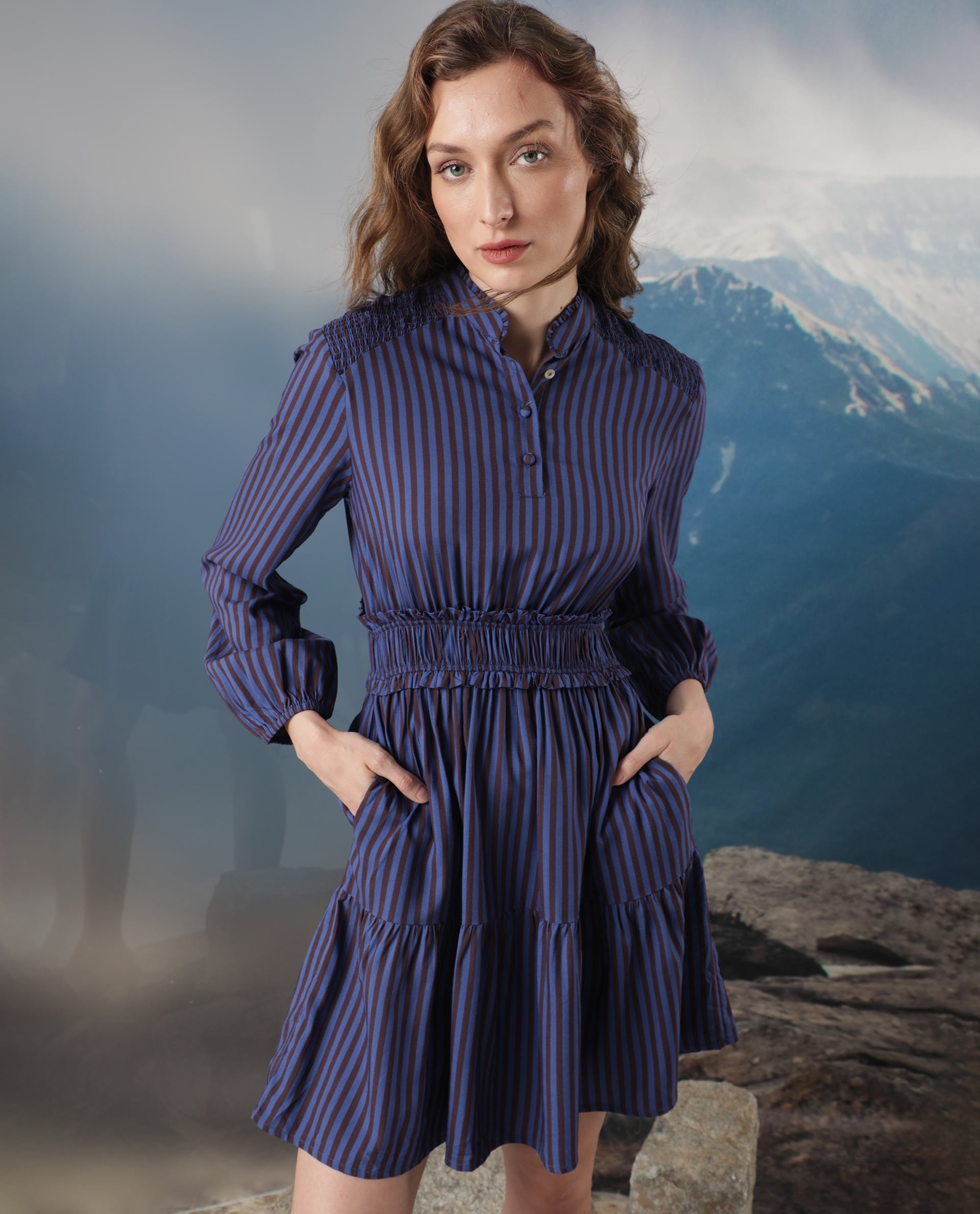 Rareism Women's Loretta Blue Viscose Fabric Mandarin Collar Button Closure Full Sleeve Striped  Mini Dress