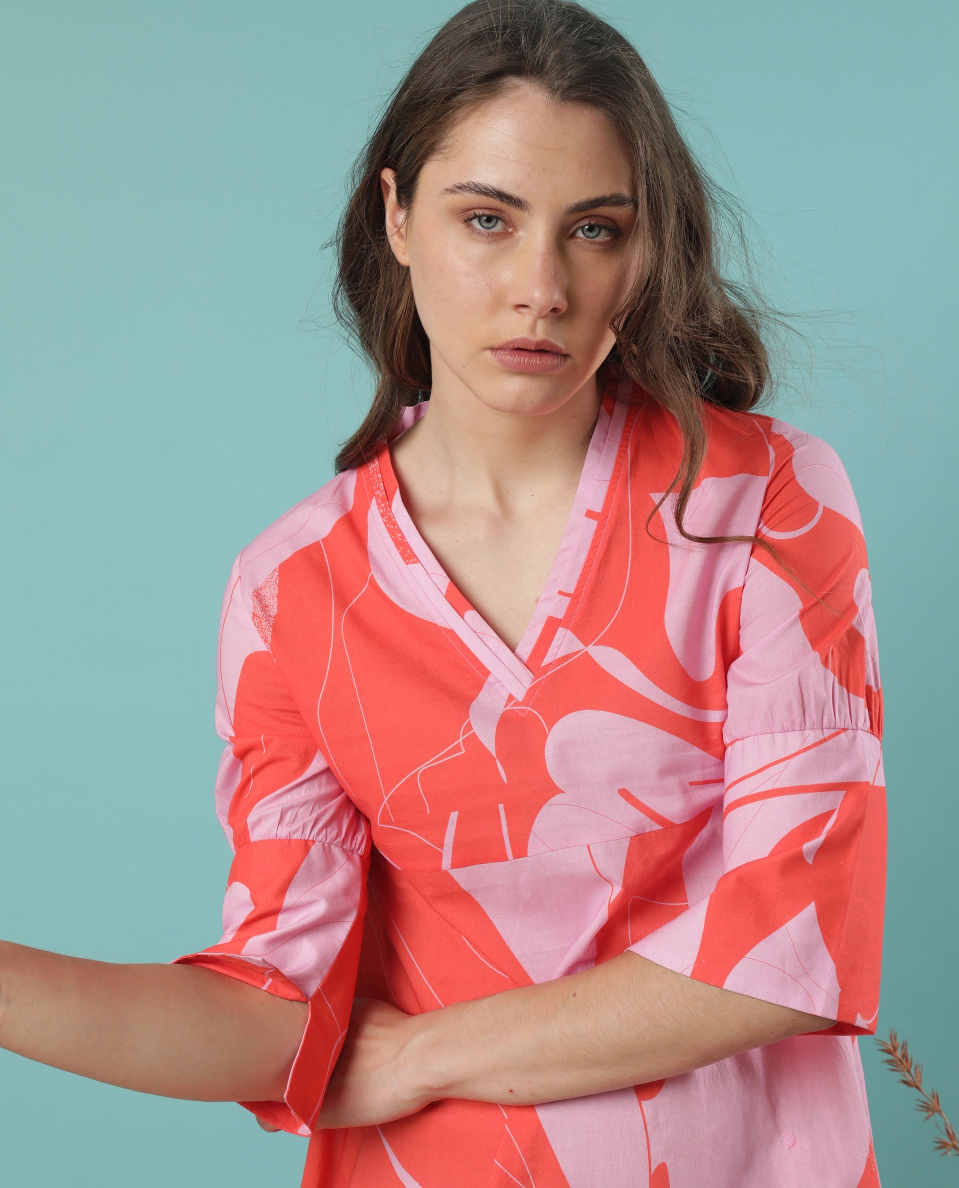 Rareism Women Daphne Orange Cotton Fabric 3/4Th Sleeves V-Neck Regular Fit Abstract Print Knee Length Asymmetric Dress