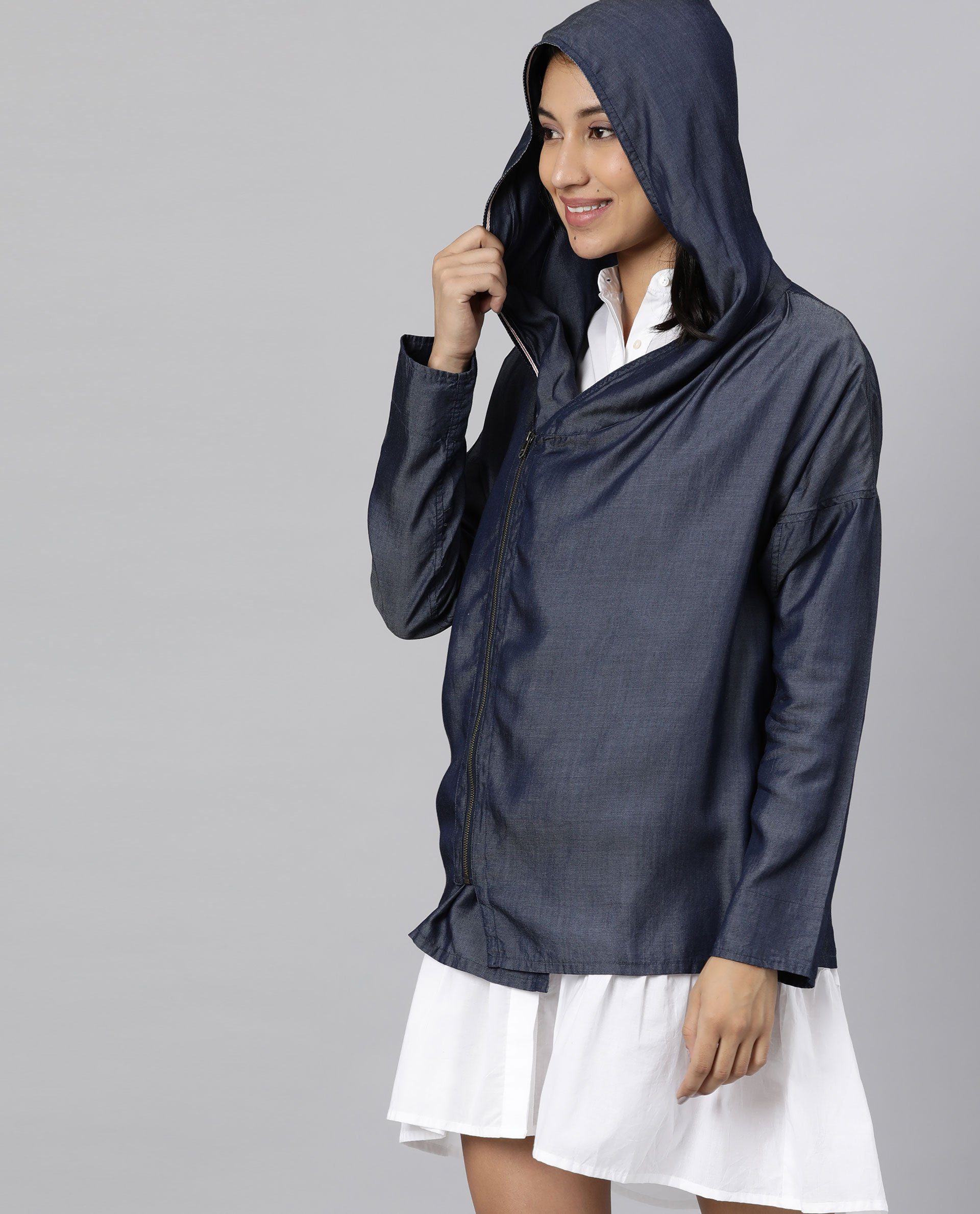 Rareism Womens Hemp Bark Blue Hoodie Zipper Closure