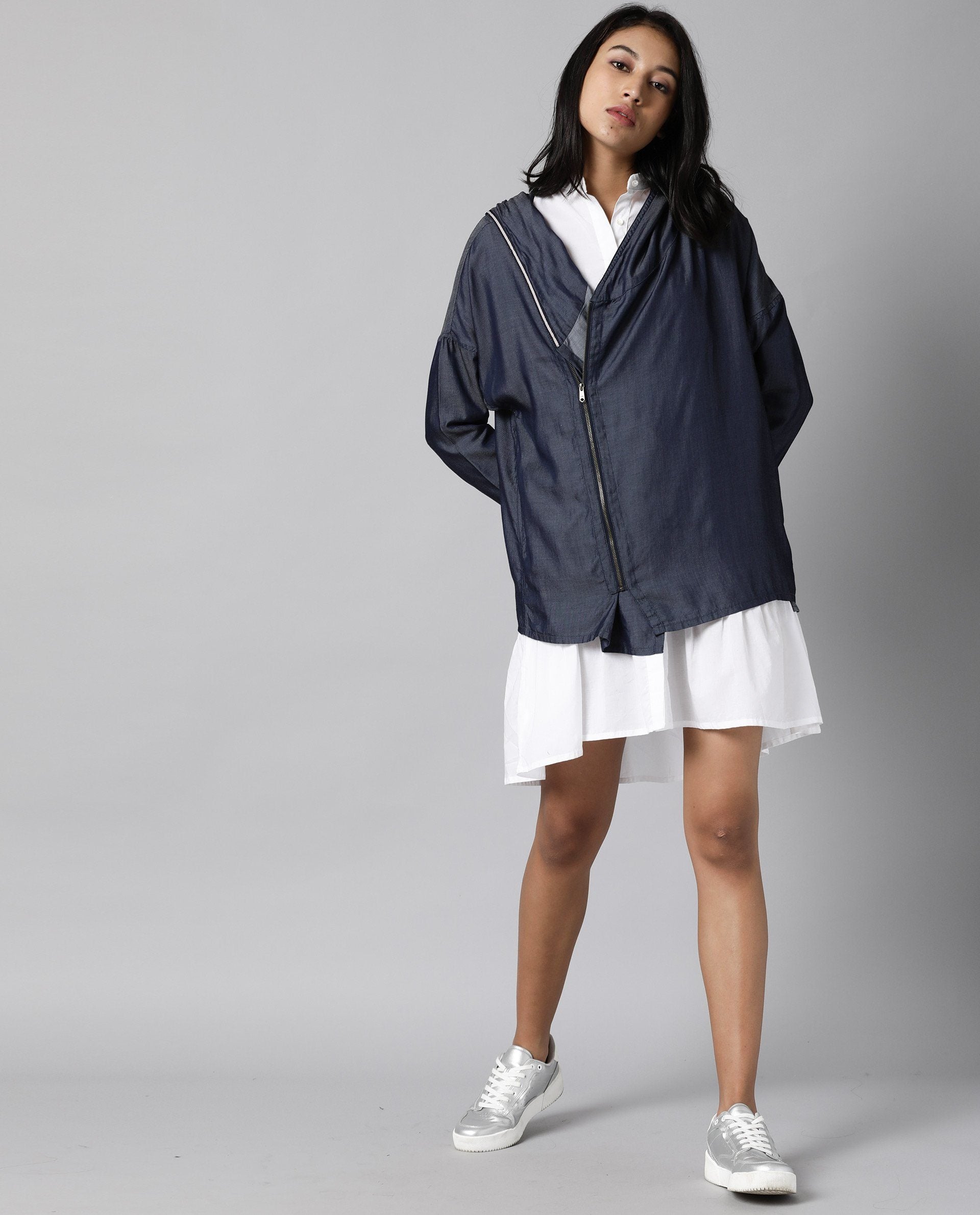 Rareism Womens Hemp Bark Blue Hoodie Zipper Closure