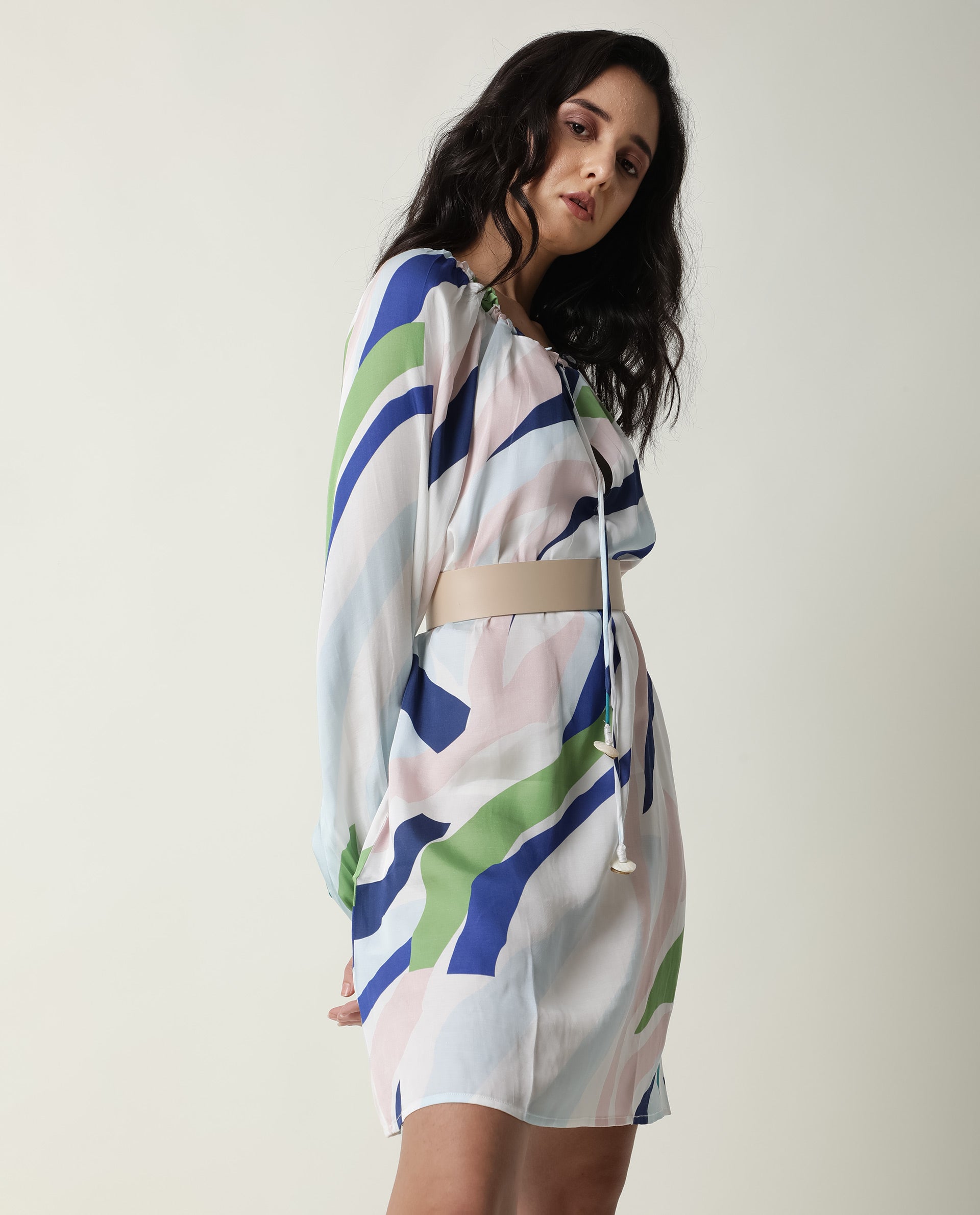 Rareism Women Alloy White Abstract Round Neck Tie Up Full Sleeves Mini Dress