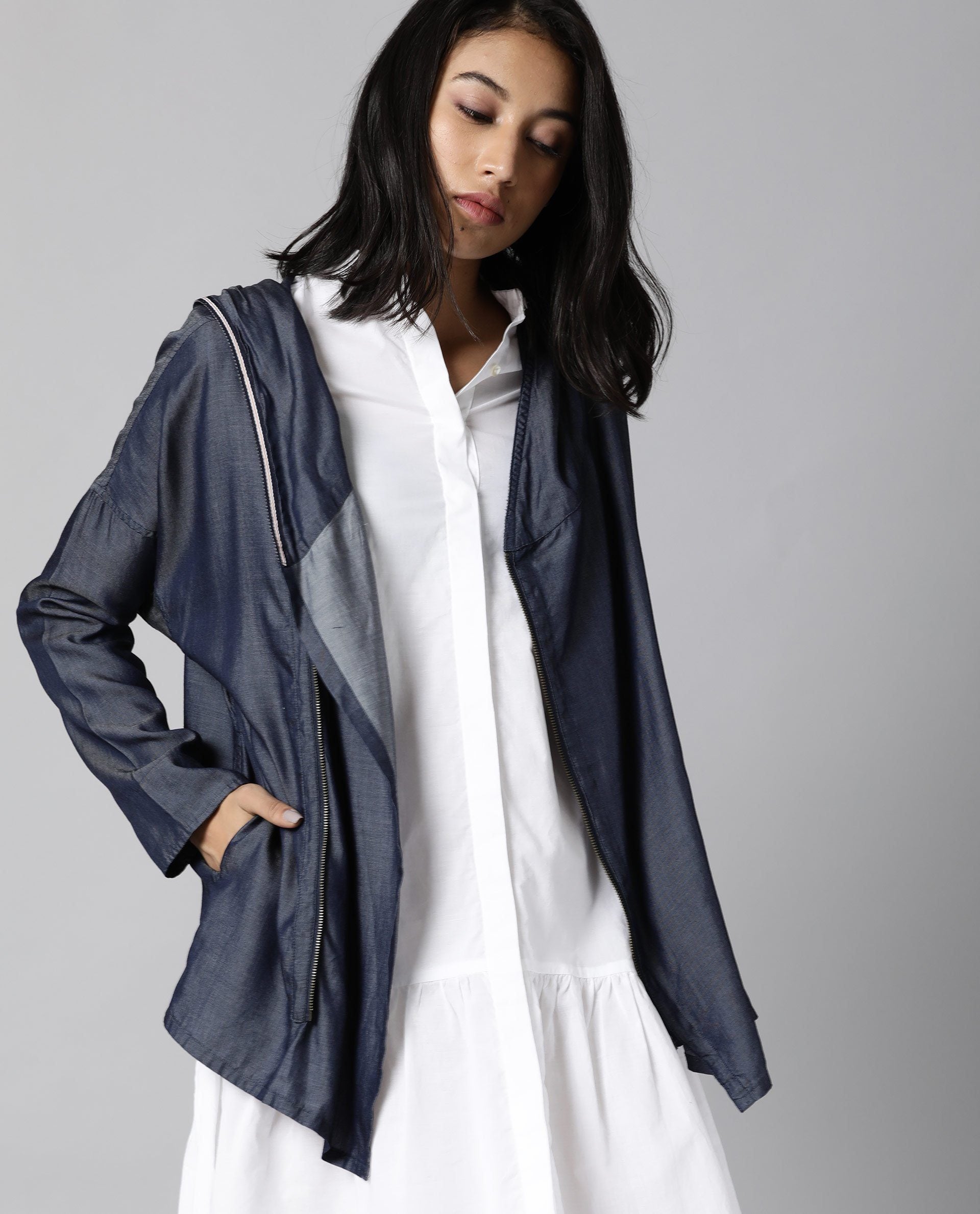 Rareism Womens Hemp Bark Blue Hoodie Zipper Closure