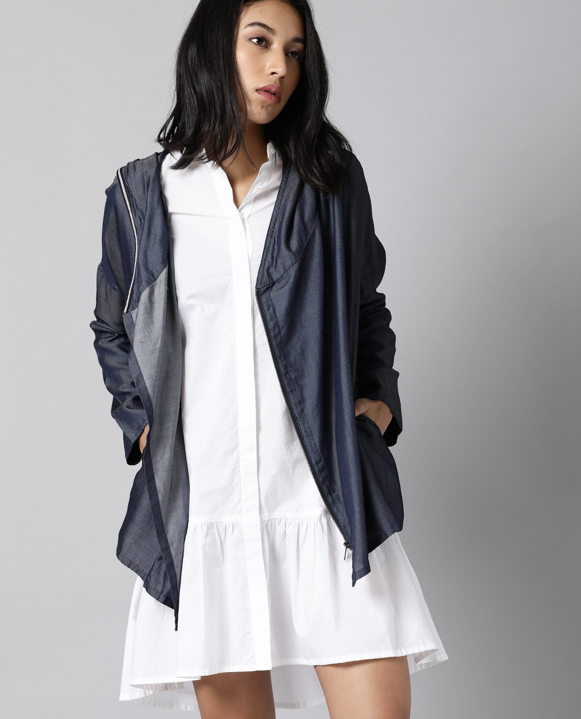 Rareism Womens Hemp Bark Blue Hoodie Zipper Closure