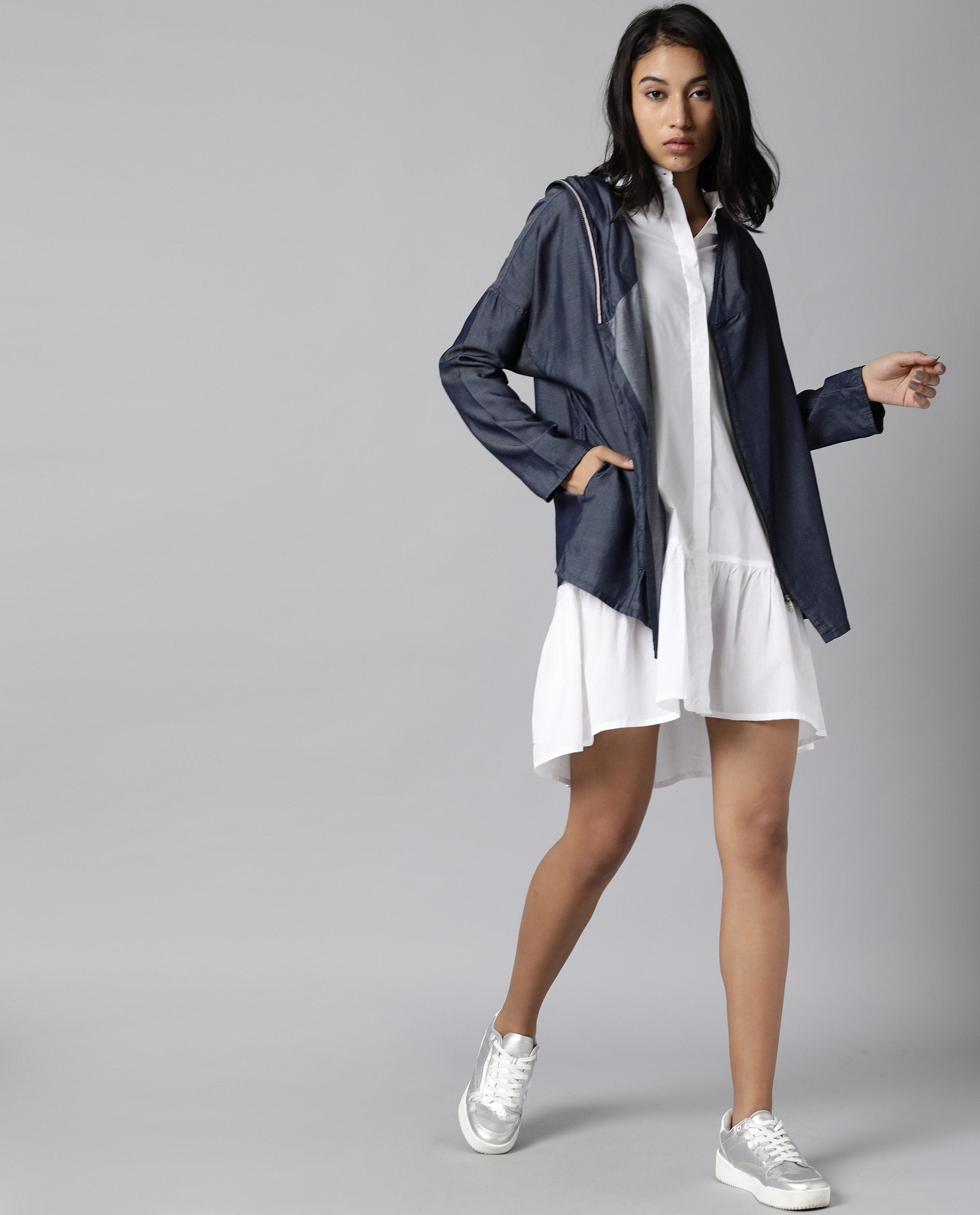 Rareism Womens Hemp Bark Blue Hoodie Zipper Closure