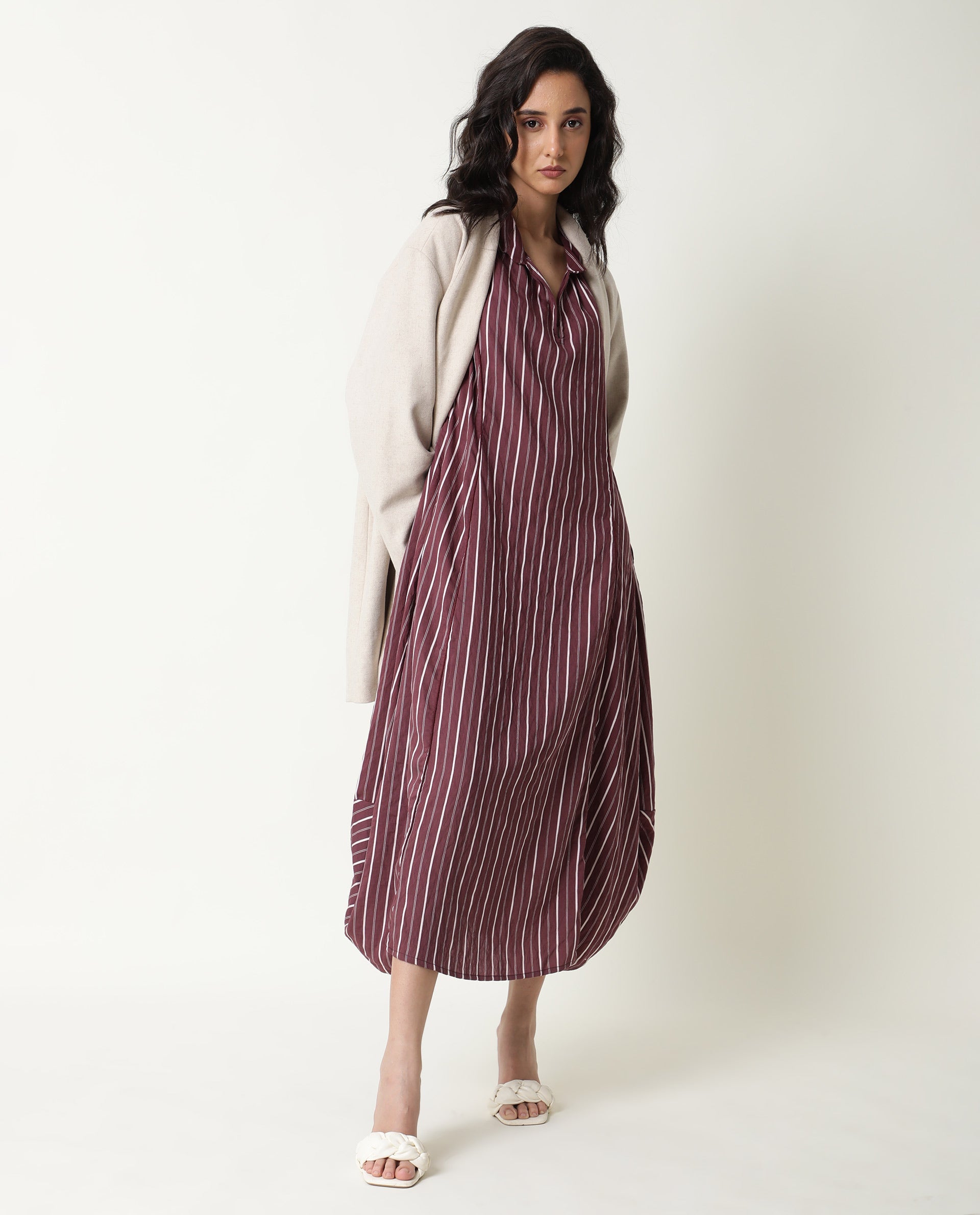 Rareism Women Wakanda Maroon Striped Shirt Collar 3/4 Sleeves With Pockets Midi Dress