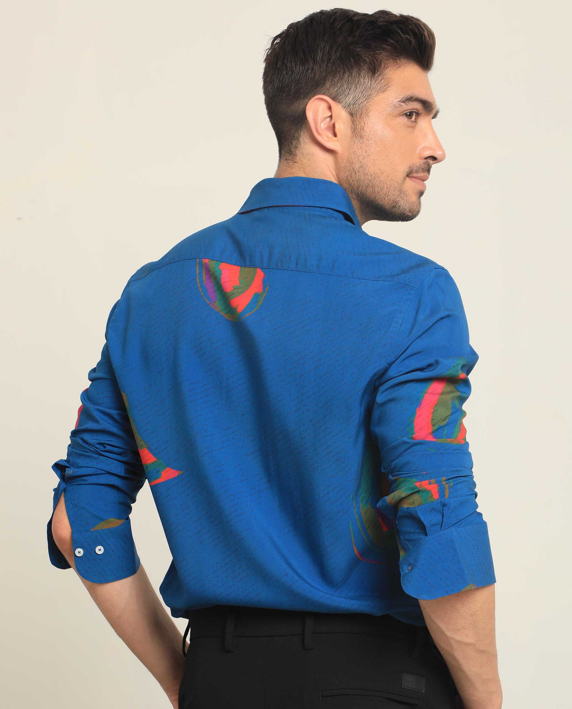 Rare Rabbit Men's Palme Blue Viscose Fabric Abstract Print Full Sleeves Shirt