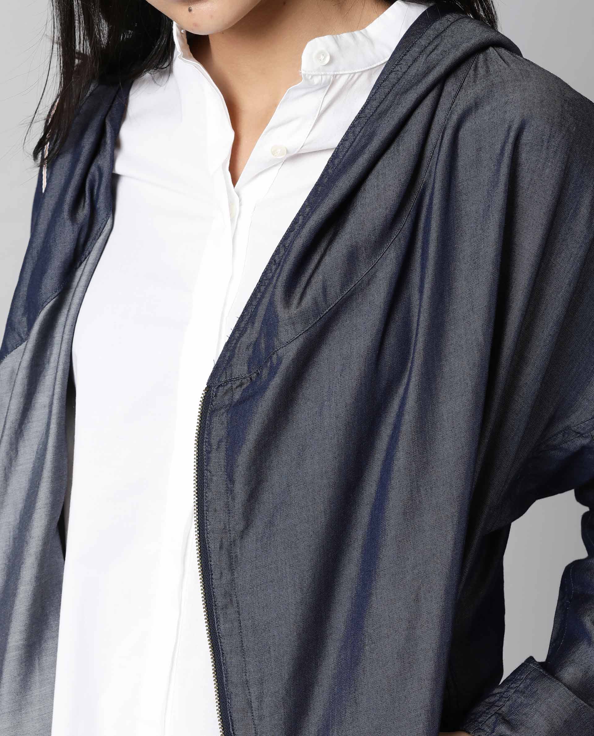 Rareism Womens Hemp Bark Blue Hoodie Zipper Closure