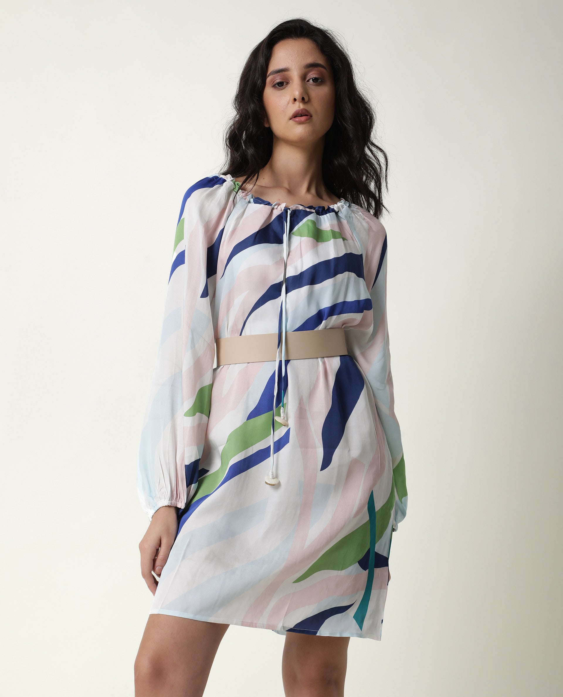 Rareism Women Alloy White Abstract Round Neck Tie Up Full Sleeves Mini Dress