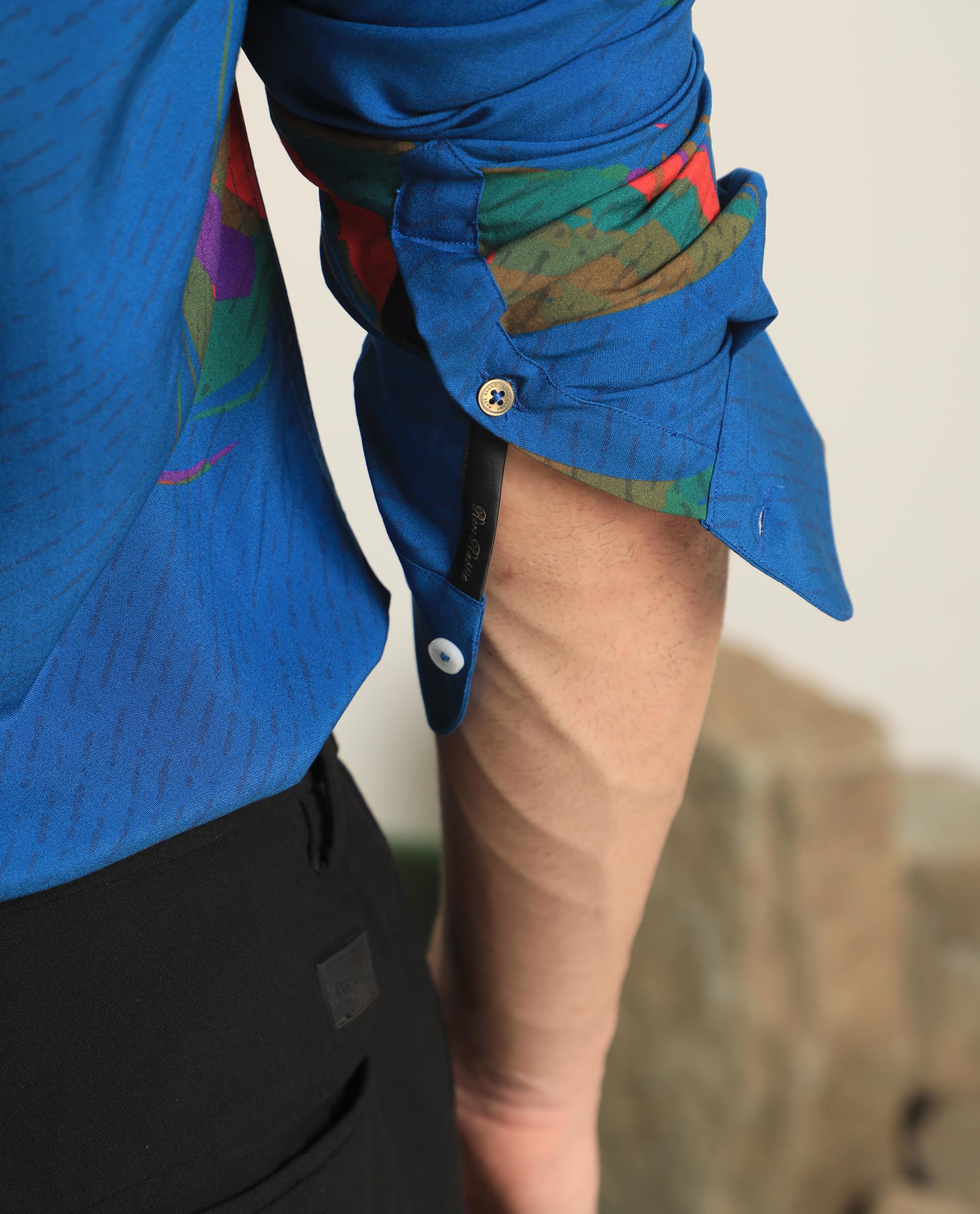 Rare Rabbit Men's Palme Blue Viscose Fabric Abstract Print Full Sleeves Shirt
