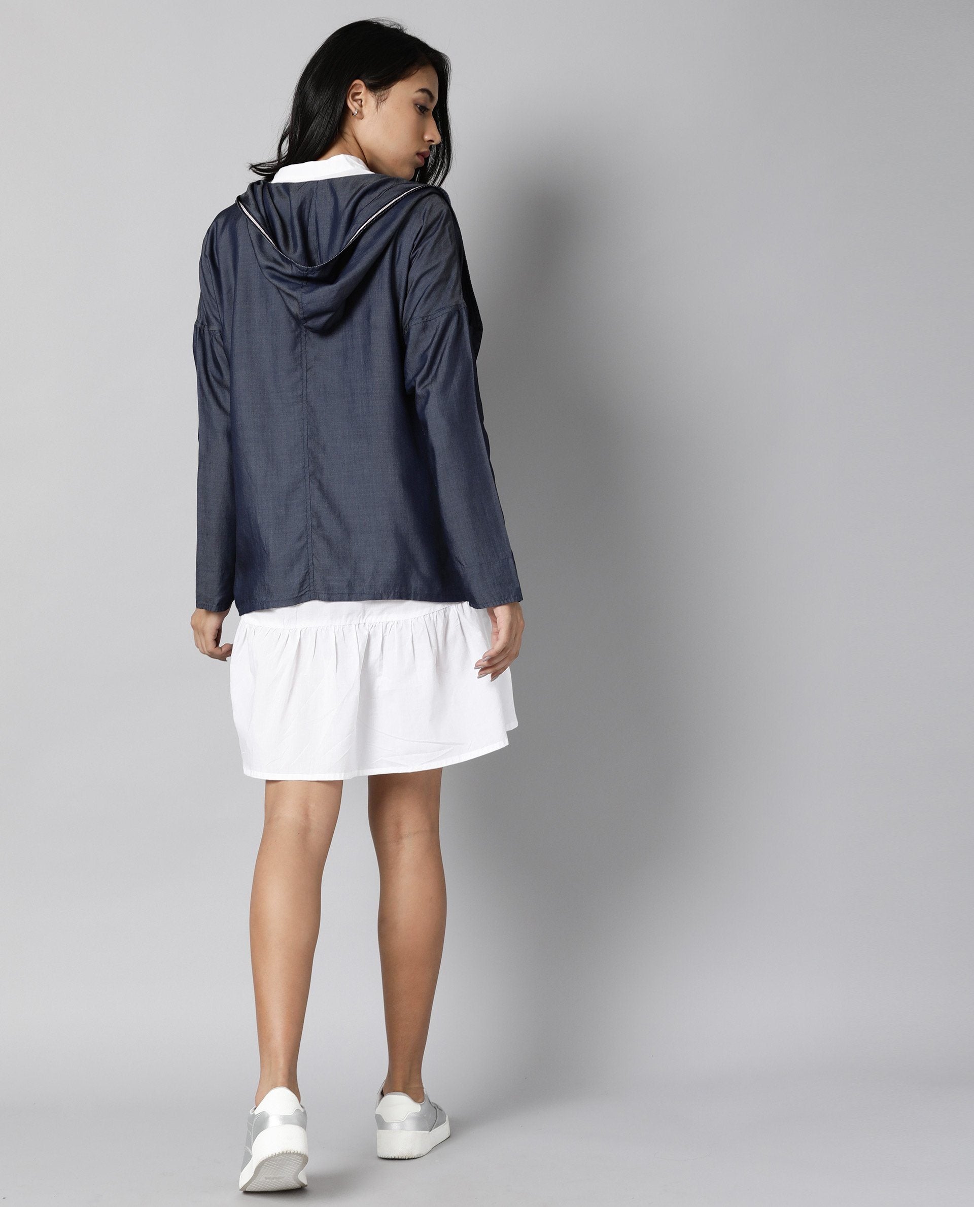 Rareism Womens Hemp Bark Blue Hoodie Zipper Closure