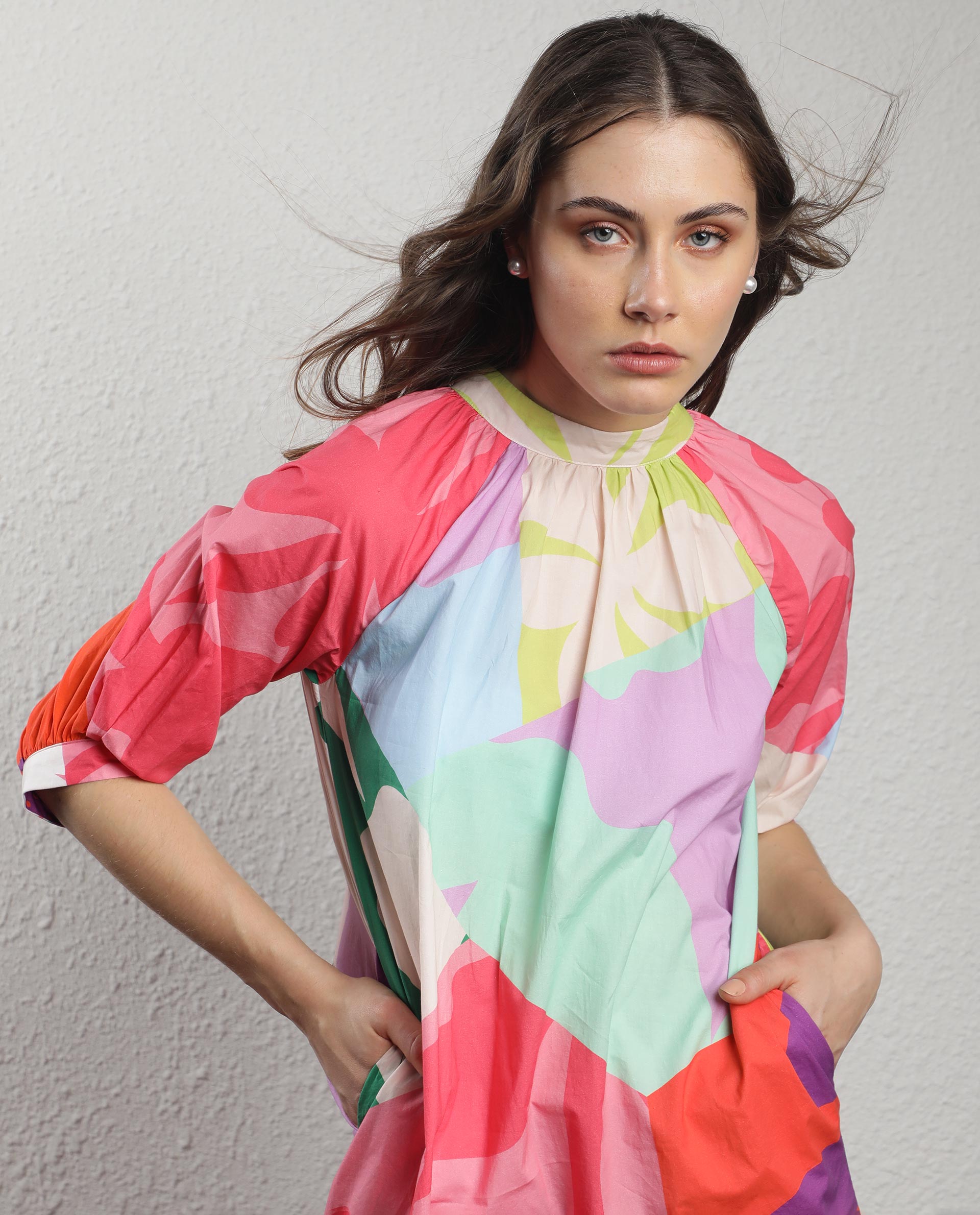 Rareism Women Scintill Multi Cotton Fabric 3/4Th Sleeves Zip Closure High Neck Balloon Sleeve Relaxed Fit Floral Print Knee Length Boxy Dress