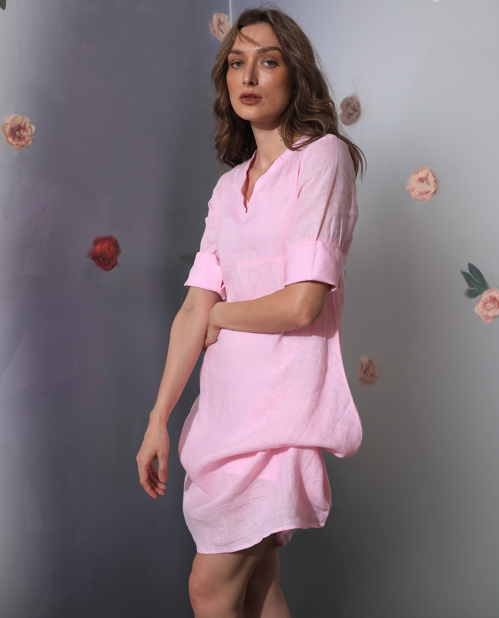 Rareism Women Chreey 1 Pink V Neck Tie-Up 3/4 Sleeves Symmetrical Knee Length Dress